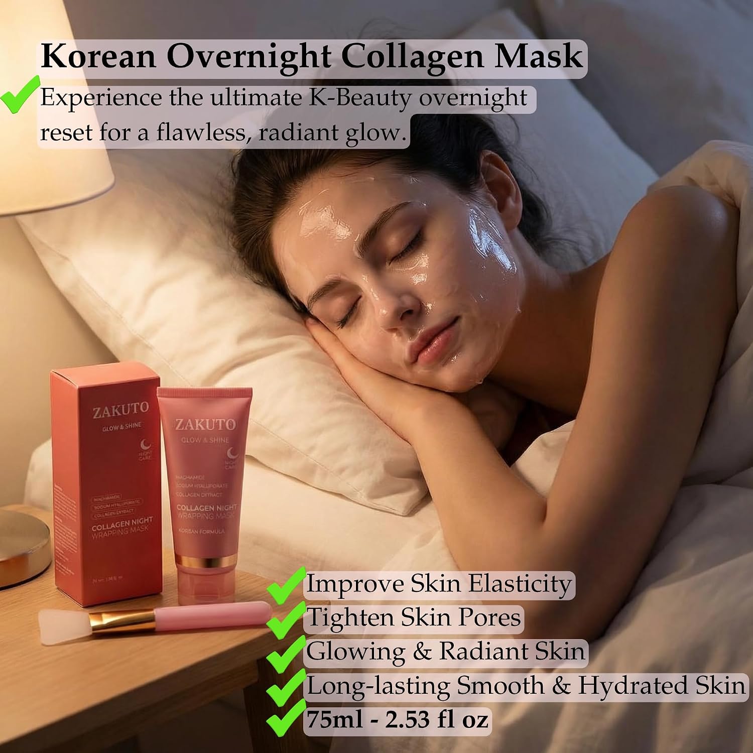 Collagen Face Mask 2 Pack – Korean Formula – Peel Off Overnight Face Mask for Glass Skin, Hydrating & Firming Collagen Mask with Brush, Korean Skincare for Elasticity & Glow (2.53 fl oz)