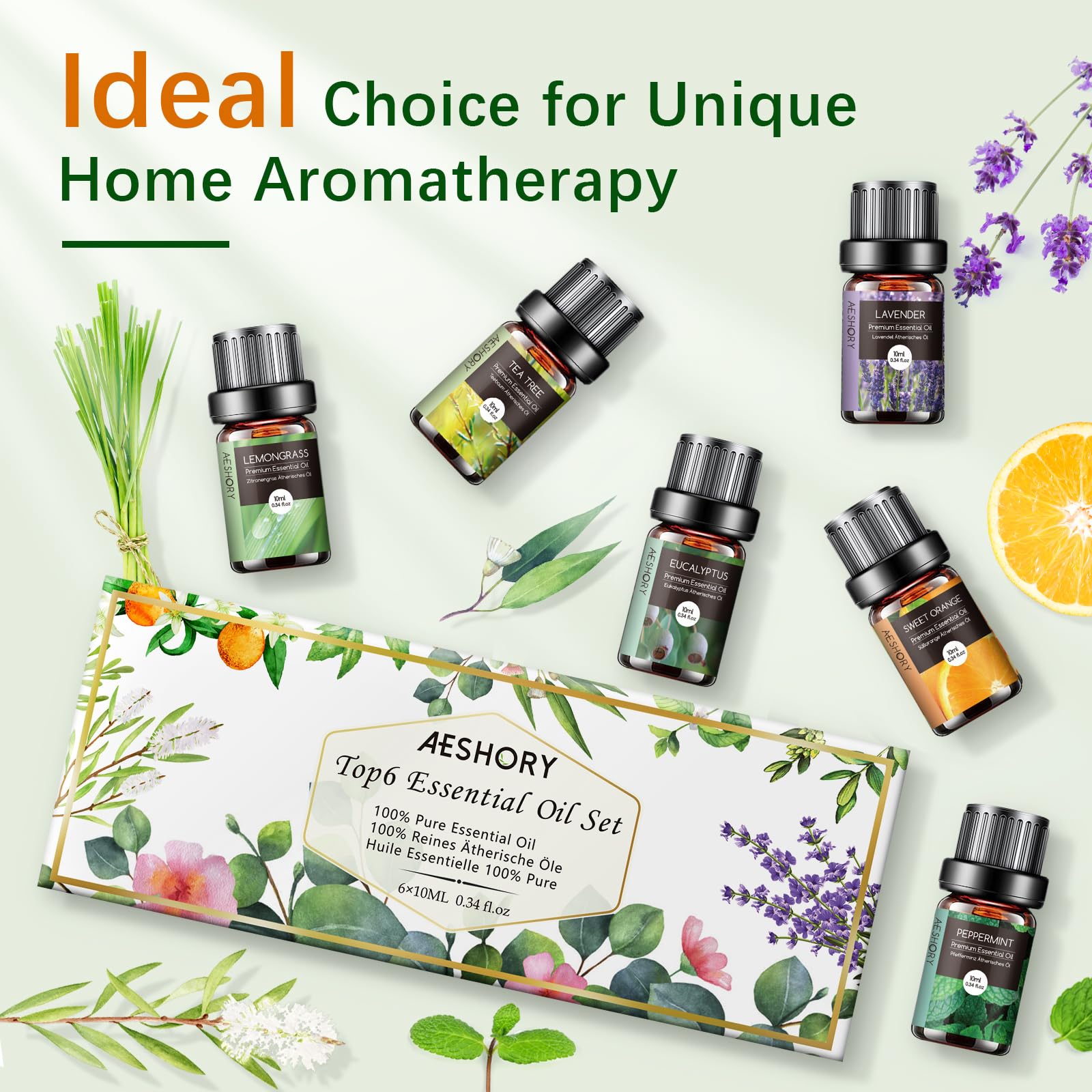 AESHORY Aceites Esenciales para Humidificador TOP 6 x 10ML, Aceite Aromáticos Natural, Set de Aceites Esenciales Aromaterapia para Difusor, SPA - Lavanda, Menta, Árbol de Té, Eucalipto, Naranja Dulce