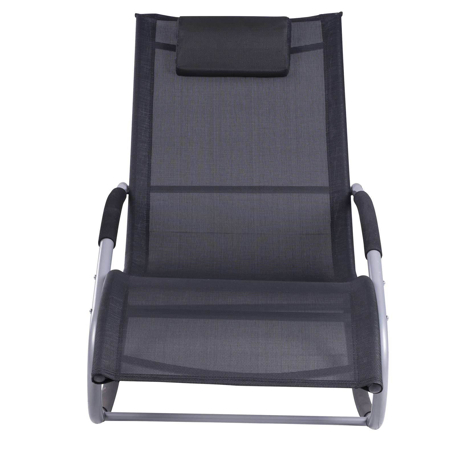 Outsunny Mecedora de Jardín Tumbona Mecedora con Reposacabezas Reposabrazos y Marco Metálico Carga 120 kg para Playa Patio Terraza 63x144x84 cm Negro