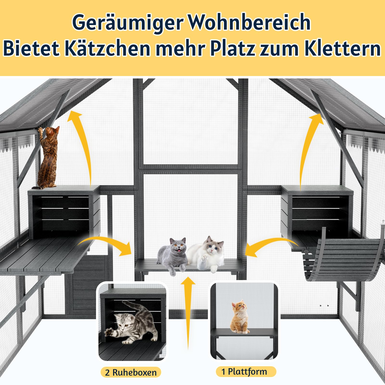 Katzengehege aus Holz für Draußen,186 x 140 x 188 cm | mit Wasserdichtem Dach,Brücken und Kleine Katzenhäuser,Kompatibel mit Wandtierklappe