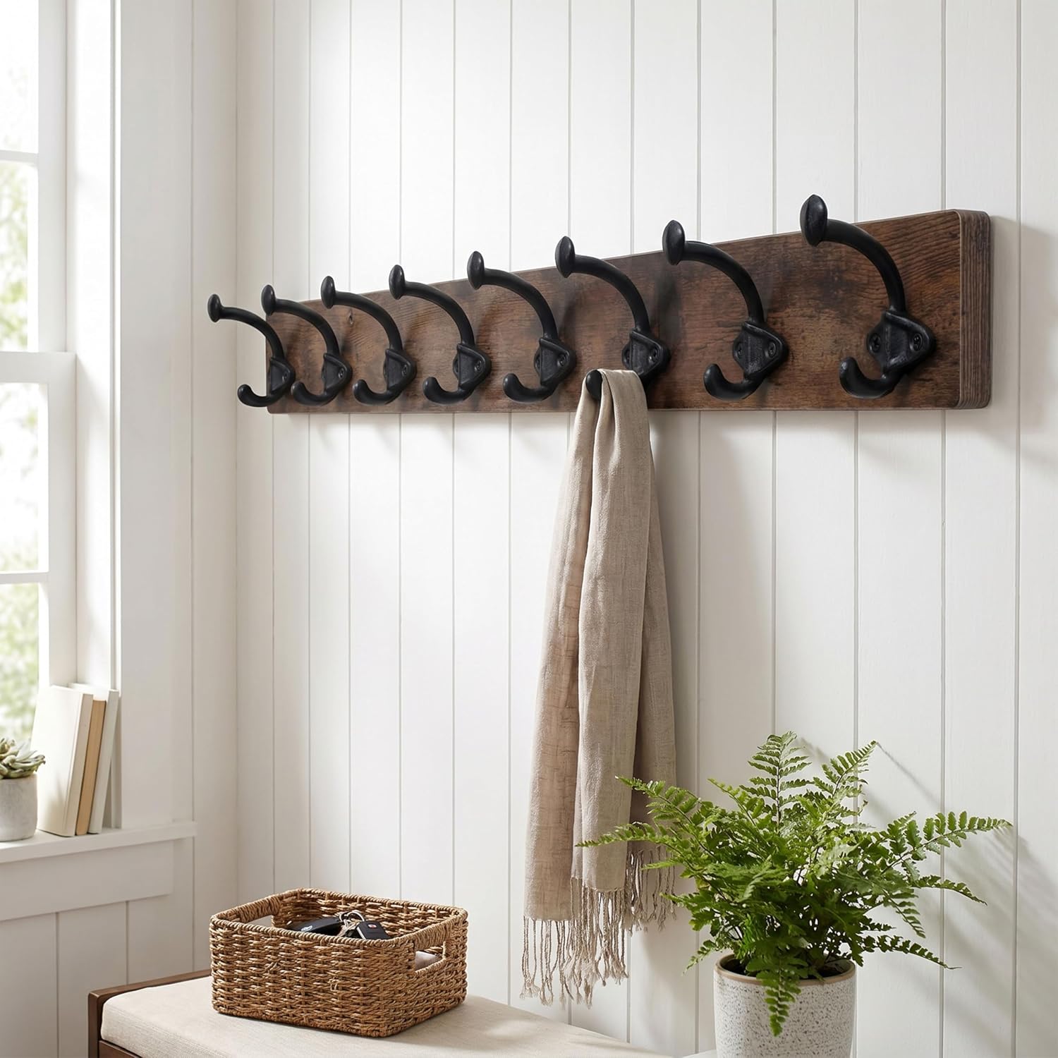 WEBI Rustic Coat Rack Wall Mount,35.43" Long 8 Cast Iron Coat Hooks Wall Mounted,Heavy Duty Farmhouse Wood Coat Hanger Wall Antique Vintage Hooks for Hanging Jacket,Clothes,Backpack,Rustic Brown