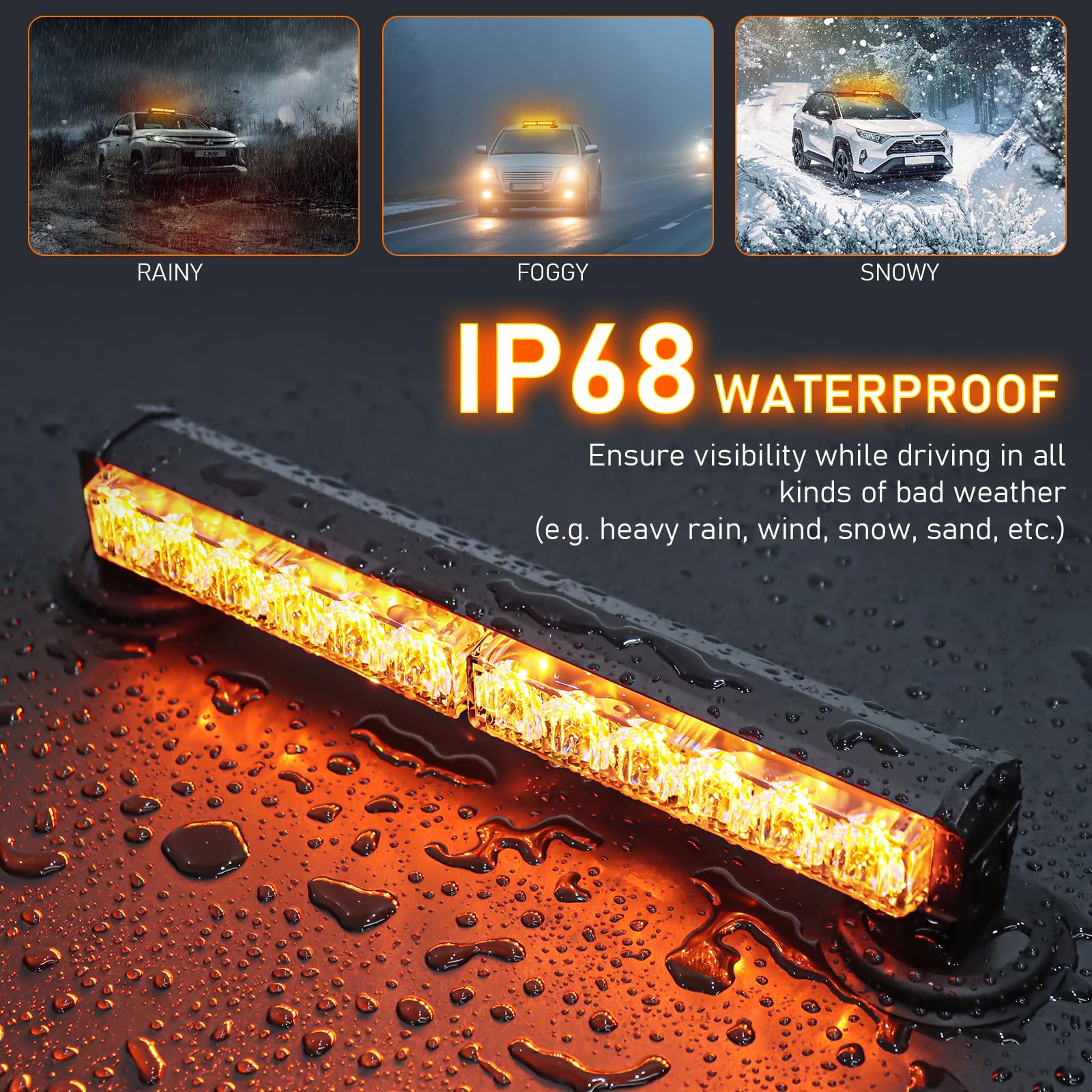 Dinfu 12 Zoll Blinken LED Warnleuchte Akku Gelbe Lichtleiste, 12v frontblitzer orange led blitzer mit 14 Blinkende Stroboskop-Modi für Auto Pkw Truck Traktor KFZ LKW (mit Zigarettenanzünder)