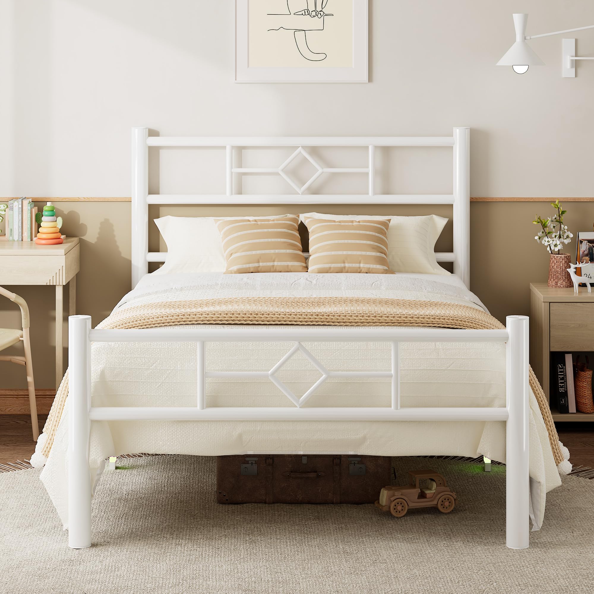 iPormis Single Bed Frame,90 x 190 cm,with Headboard and Footboard,Metal Bed Frame,300 kg Weight Capacity, Under Bed Storage Space,Easy Assembly,White