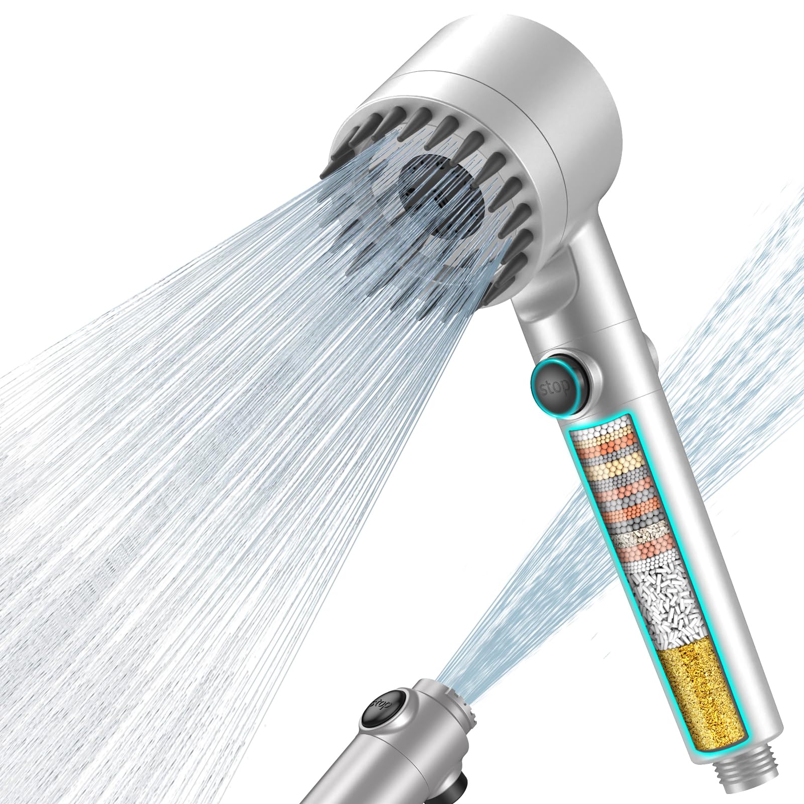 MEKO Hard Water Filter Shower Head with 15 Stage Filter, 3+1 Spray Jet Modes High Pressure Shower Head and 1.5m Hose, Handheld Massage Shower Filter for Residual Chlorine Remove(Silver)