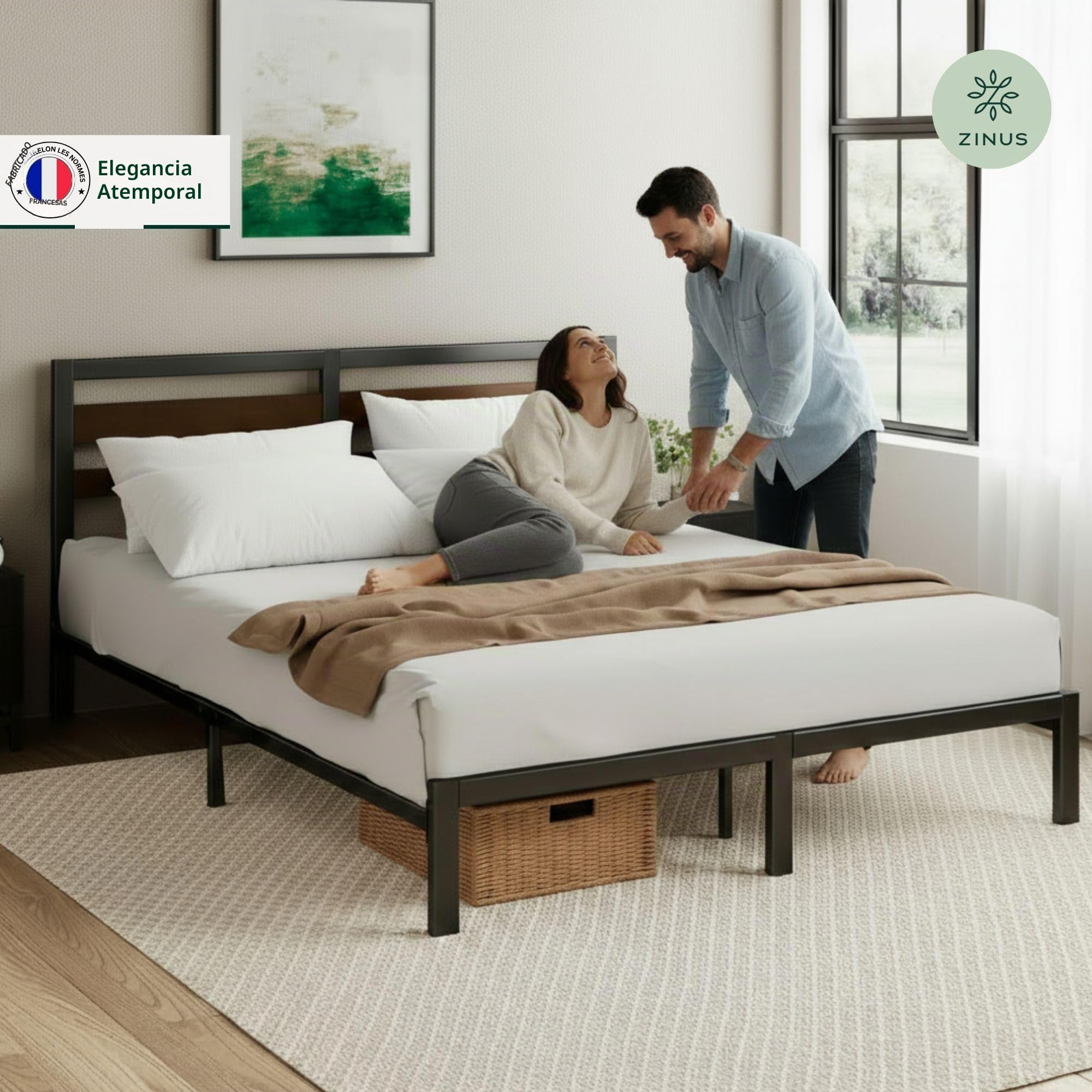 Cama de 140 x 190 cm, somier, de bambú y Metal, con cabecero de Cama, de fácil Montaje, Altura 80 cm, sin somier, Color Negro y marrón