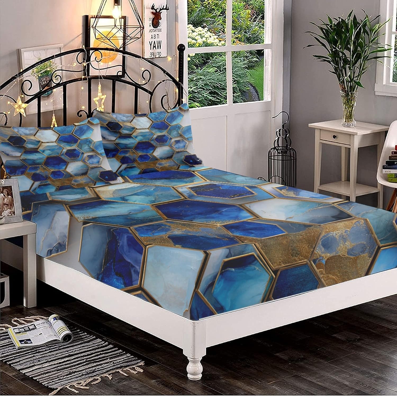 Drap Housse 200x200 cm Bleu Foncé Grand Bonnet 30 cm en Microfibre