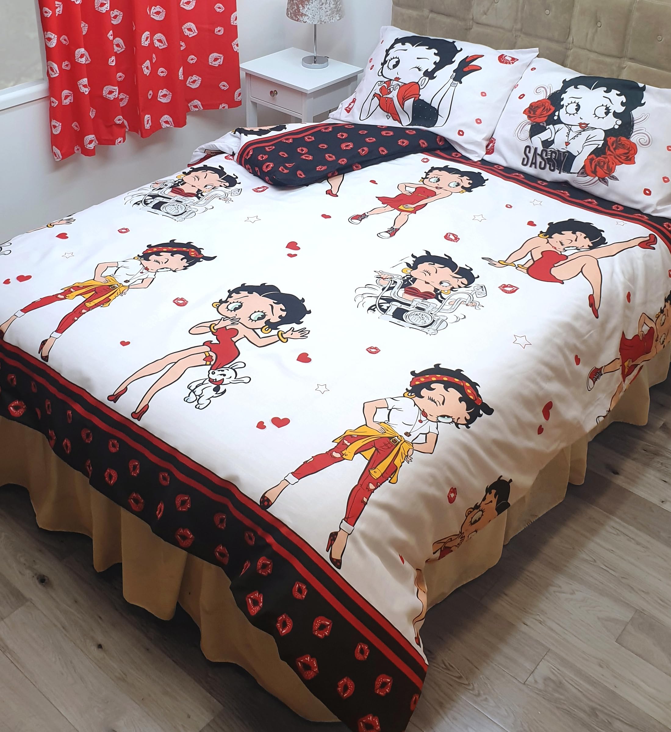 Betty Boop Single Bed Eras Duvet Cover Bedding Set, Hearts Wink Lips Kiss Pudgy Dog Polka Dot, Black White Red