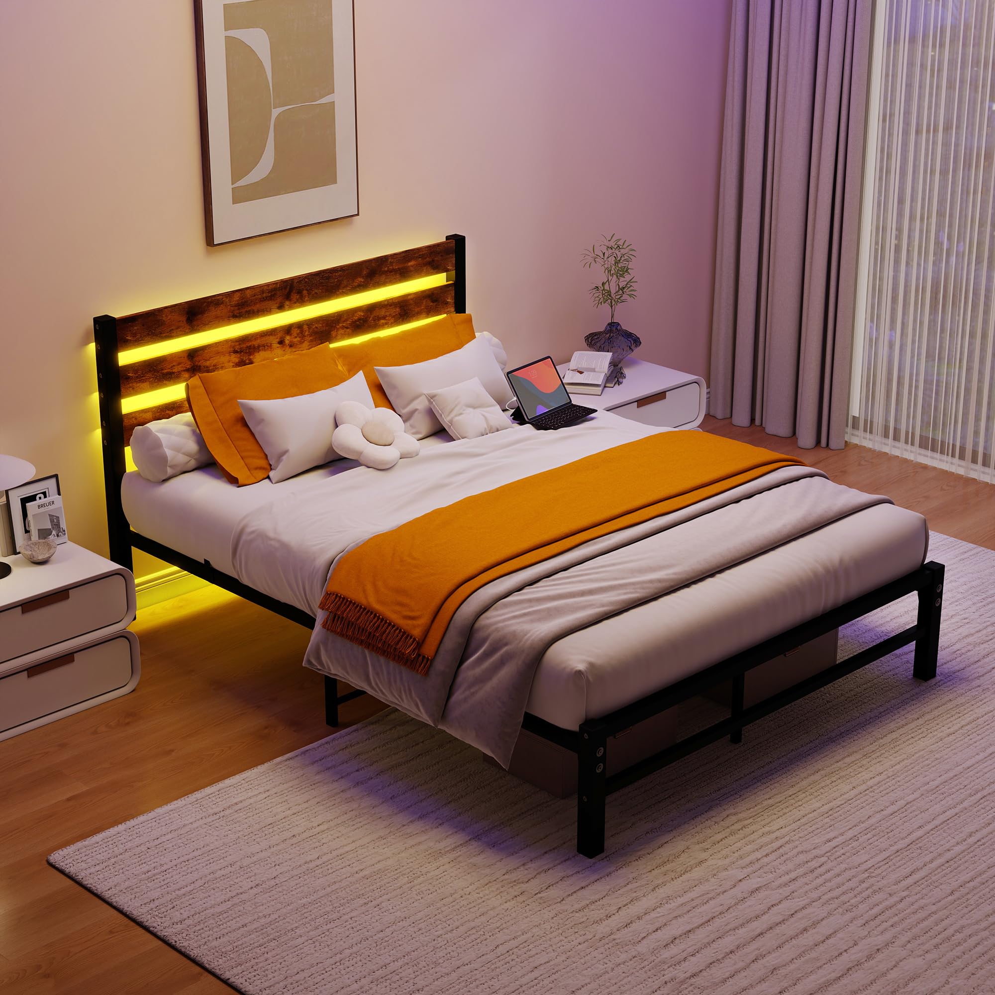 Marco de cama de 140 x 200 cm con cabecera, marco de cama de metal, soporte de capa de acero fuerte, almacenamiento bajo la cama, no requiere muelle, sin ruido, fácil montaje, marrón antiguo