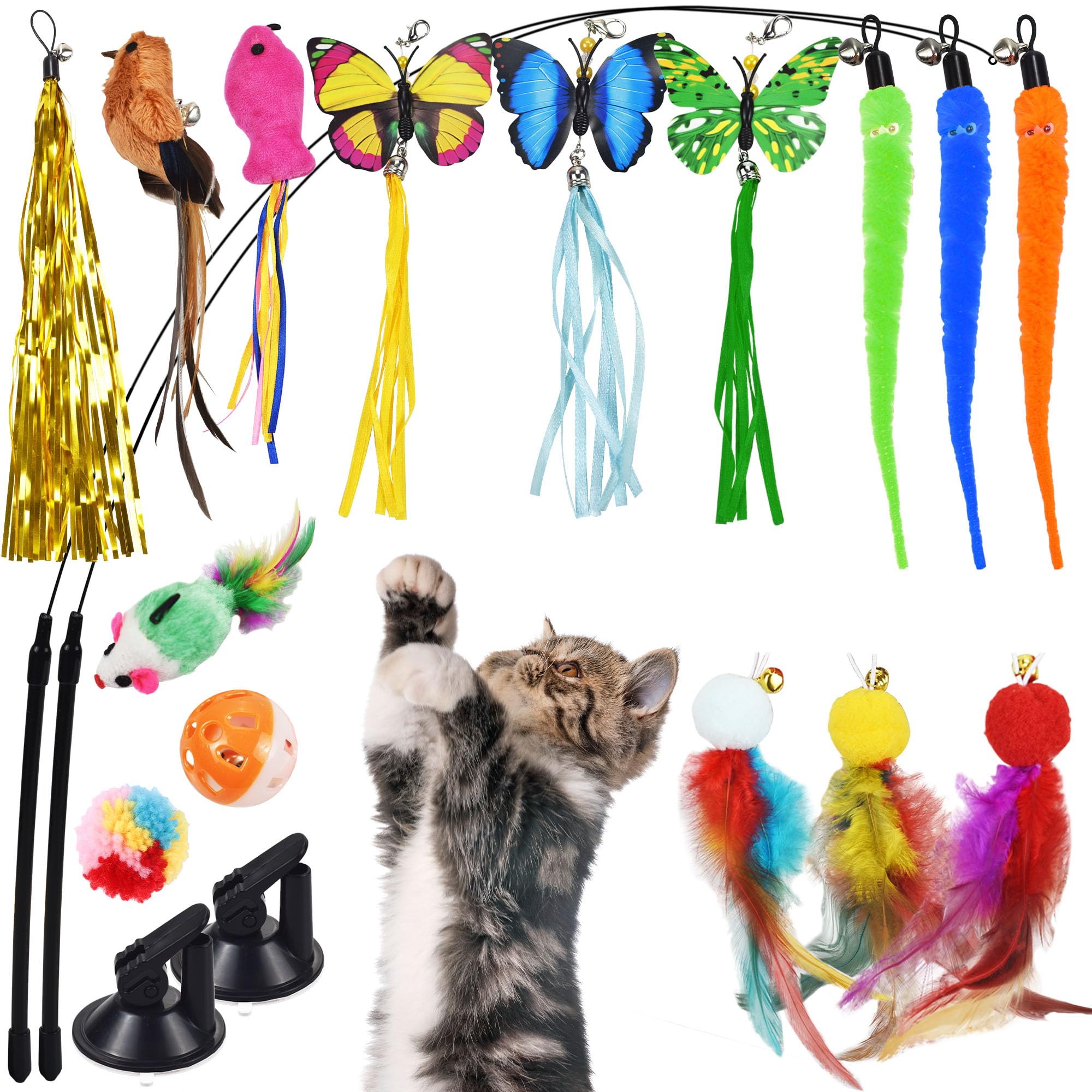 atopo19 PCS Juguete Intercativo de Pluma con Ventosa para, Juguetes para Gatos-con Cascabeles de Plumas，Ventosa, Pájaros, Mariposas