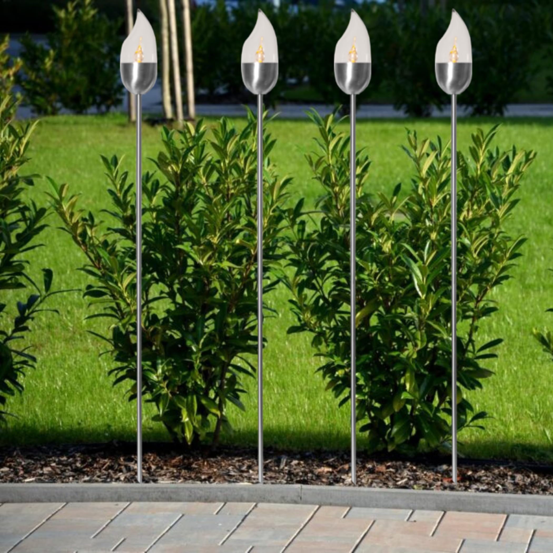 4er-LED-Solar-Gartenfackel-Set 'Chiemsee', geschlossen, Edelstahl, ca.115 cm x 8 cm 4 Amber LED, mit Solarpanel, incl. Akku, Outdoor, Kunststoffglas geschlossen, Winterfest
