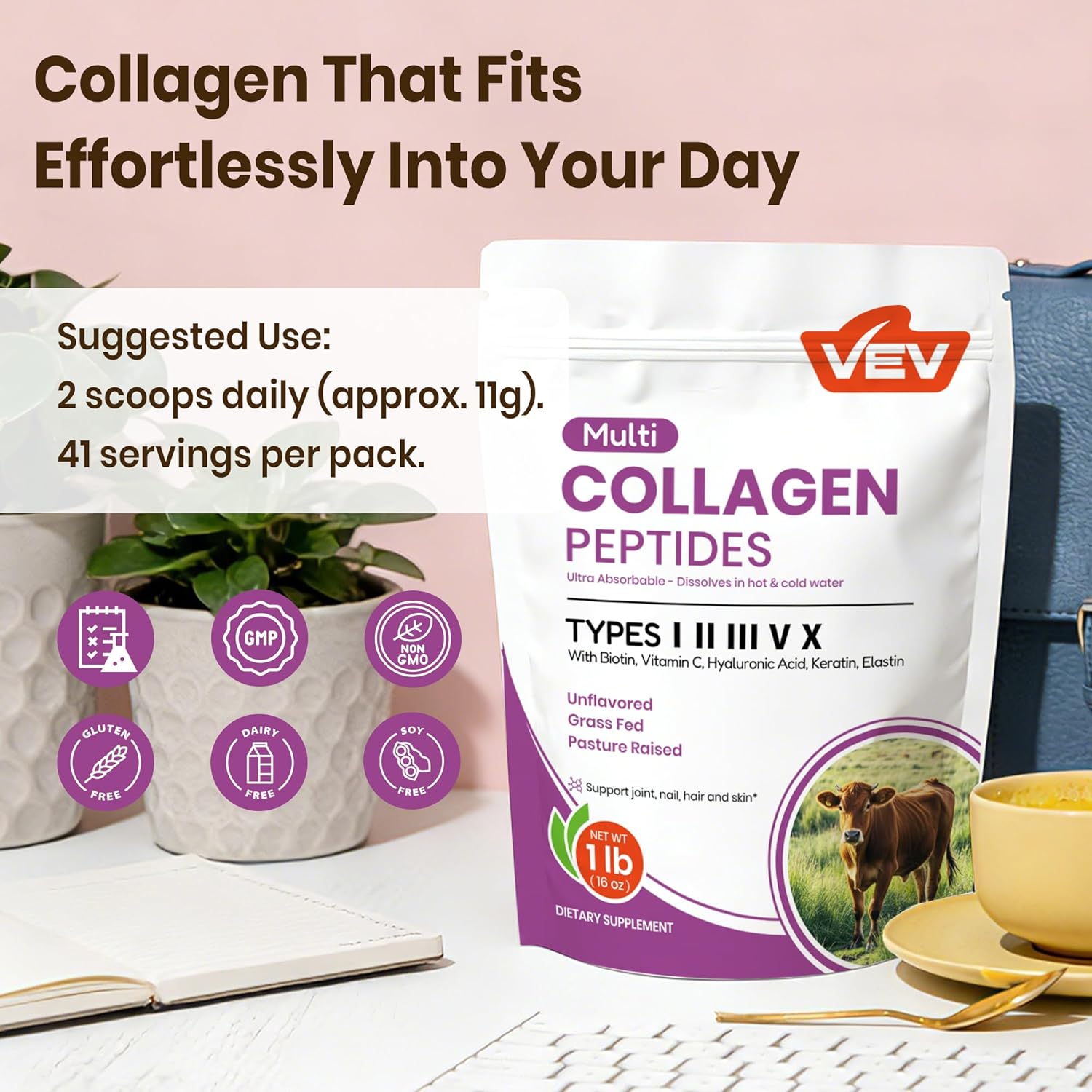 VEV Multi Collagen Peptides Powder, 16 oz (41 Servings) – Type I, II, III, V, X, Hydrolyzed Collagen, Hyaluronic Acid Power, Biotin, Vitamin C, Supports Skin, Unflavored, Dissolves Easily - Image 7