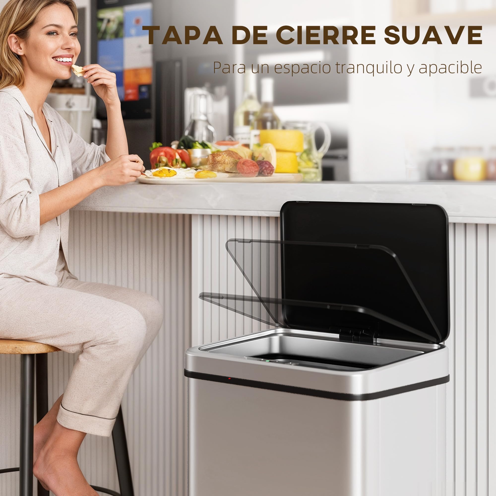 HOMCOM Cubo de Basura Cocina Automático 50 L con Sensor Infrarrojo Plata | Papelera de Cocina de Acero Inoxidable, Cierre Suave, Patas, Anillo de Retención, Antihuellas, para Oficina, Hogar