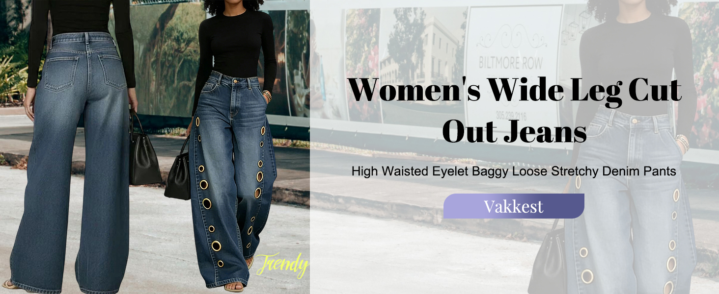 Vakkest Women's Wide Leg Cut Out Jeans High Waisted Eyelet Baggy