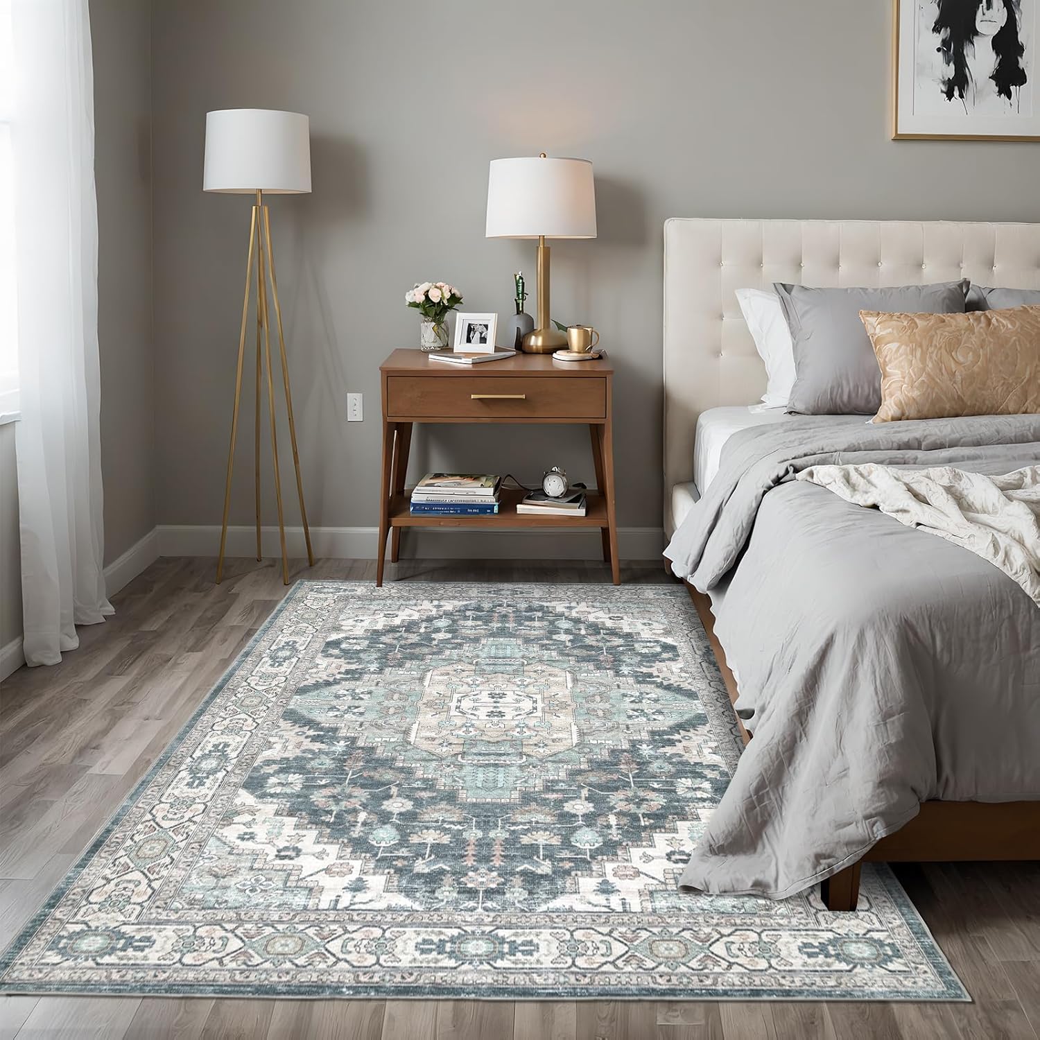 8x10 Vintage Washable Area Rug for Living Room,Low Pile Non Slip Carpet Non-Shedding Large Area Rug Soft Indoor Stain Resistant Rug Boho Print Mat for Bedroom Dining Room Blue Beige Multi - Image 4