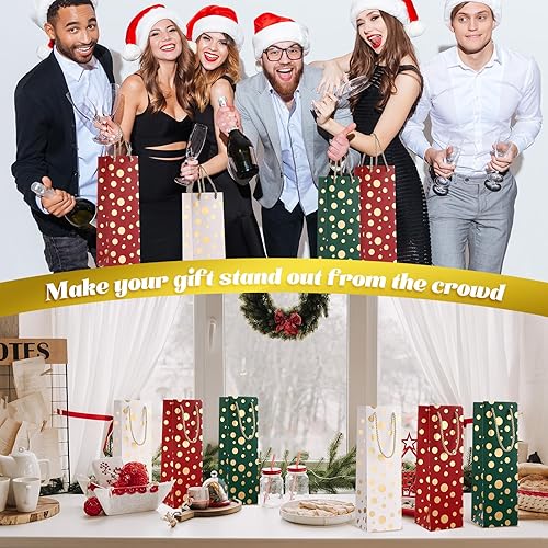 Miniatura 6 de Woanger 60 bolsas de regalo de vino de Navidad, bolsas de vino de papel kraft a granel con asa, bolsas de regalo de color rojo, verde y blanco, con