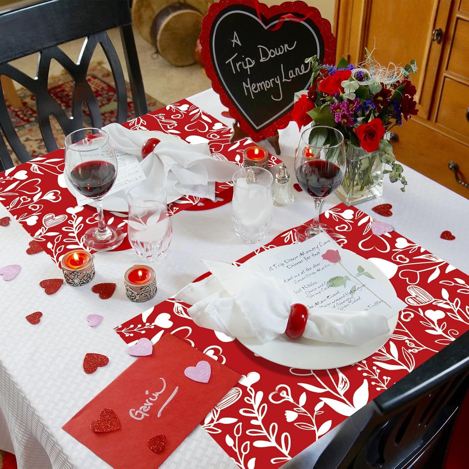 Set di 6 tovagliette con motivo a cuore per San Valentino, lavabili, per cucina, sala da pranzo, decorazione della tavola della casa, 30,5 x 45,7 cm