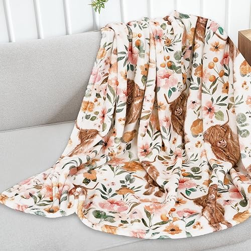 Miniatura 3 de Manta de franela mullida de vaca de las montañas florales de 60 x 50 pulgadas, manta de granja de acuarela con flores y vacas para el hogar, silla,