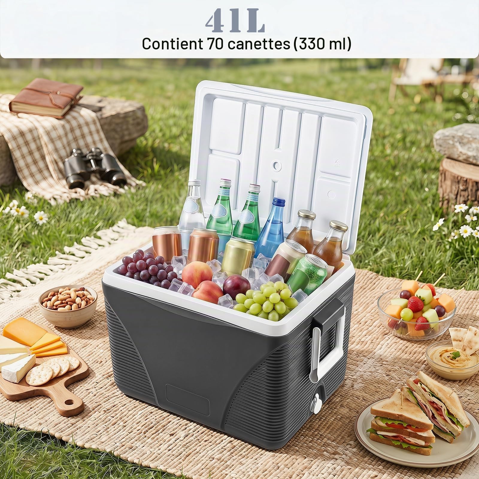 LIFEZEAL Glaciere Rigide Portable 41L, Glacière de Camping avec Isolation Thermique 5-7 Jours, Boîte Réfrigérante avec 4 Porte-Gobelets et Bouchon Vidange, Idéal pour Pique-Nique, Pêche, Voyage