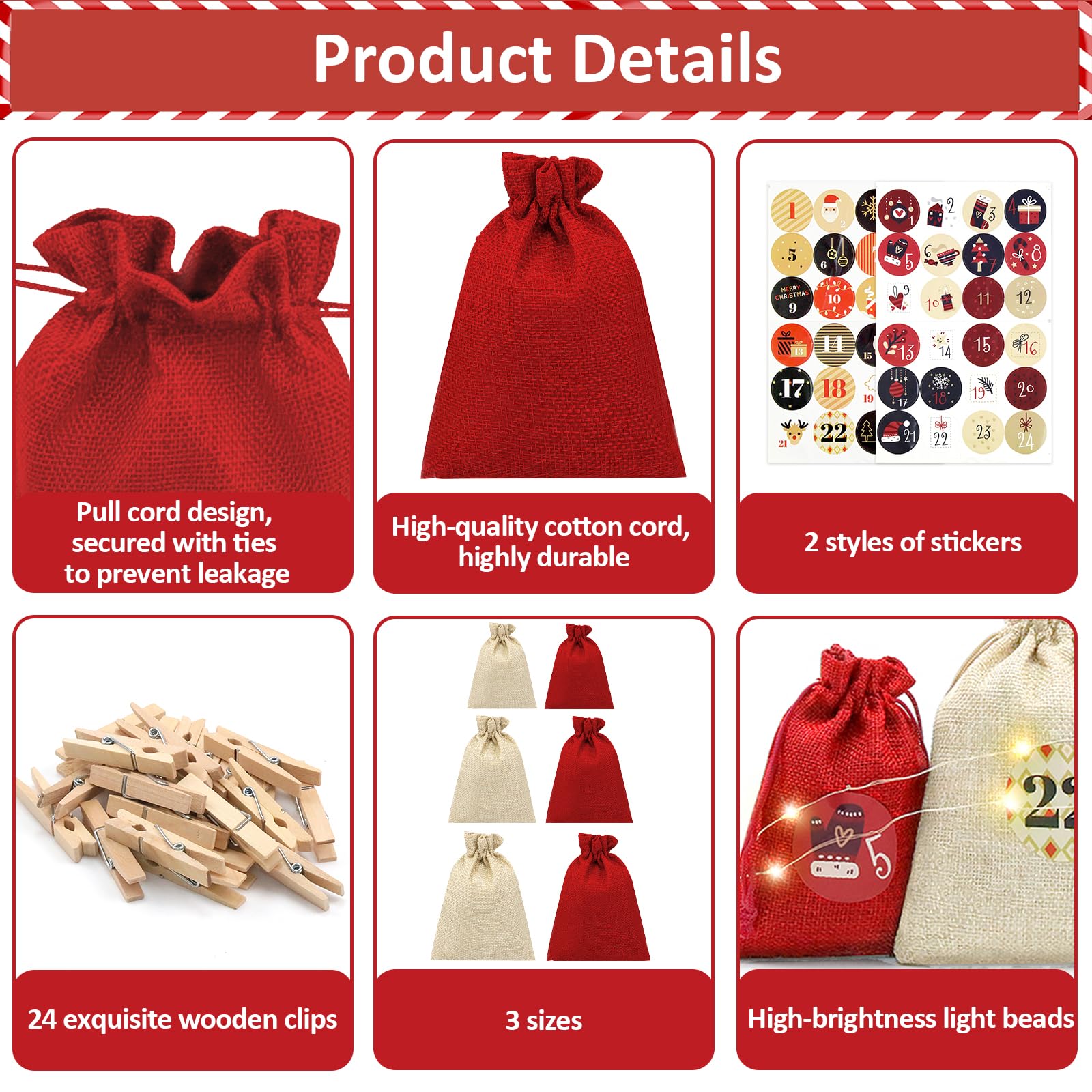Juego de calendario de Adviento para rellenar, 24 bolsas de tela beige y rojas
