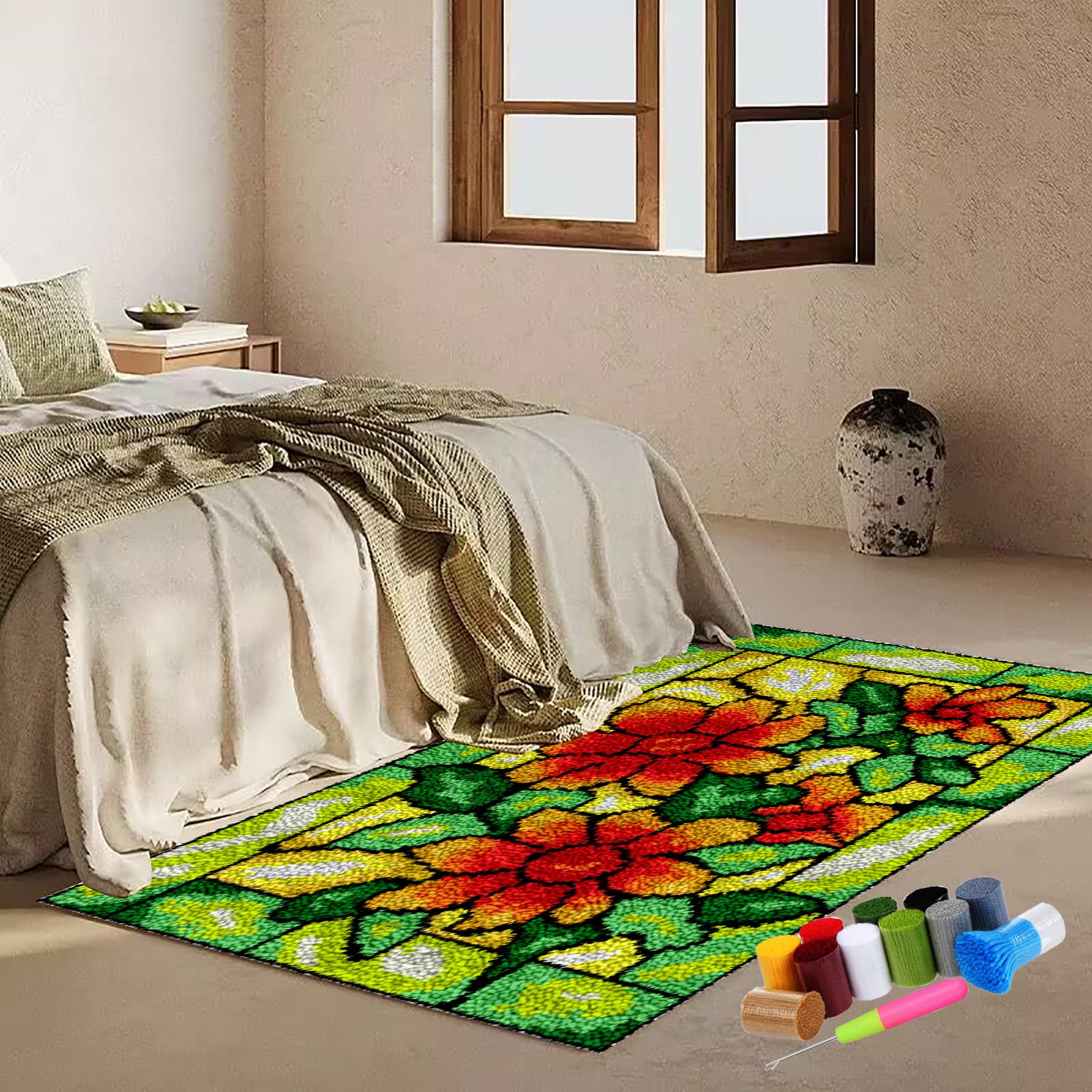 Kit Tapis Point Noué DIY à Faire Soi-même - Toile Pré-imprimée, Fils Acrylique, Crochet, 38x52 Cm, Antidérapant