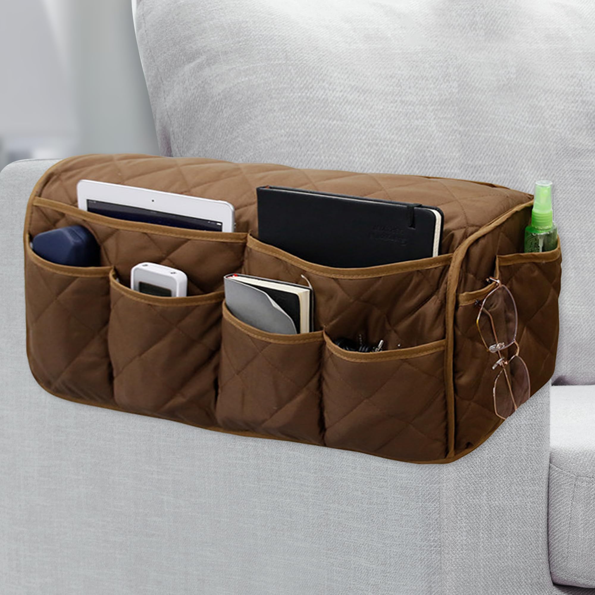 AmaCielo Sofa Armrest Organizer,Couch Remote Control Holder with 14 Pockets Waterproof Non Slip Recliner Organizer for TV Remotes Caddy, Book, Magazines, Ipad(Brown)