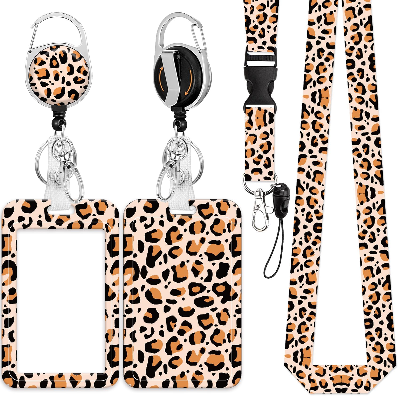 ID Badge Holder with Lanyard, Retractable Badge Reel with Swivel Belt Clip, Detachable Lanyard Name Card Tag Vertical ID Protector Badge Reel for Nurse Doctor Office Employees (Leopard Print)