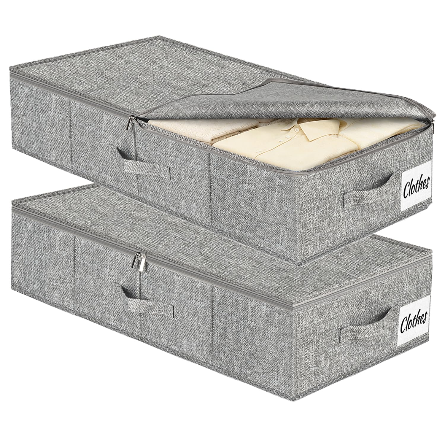 17 cm Tall Underbed Storage Boxes with Lids, 50L Foldable Under Bed & Sofa Storage with Rigid Sides, Base & 3 Sturdy Handles, Waterproof Fabric Organiser for Clothes, Blankets & Shoes, 2 Pack, Grey