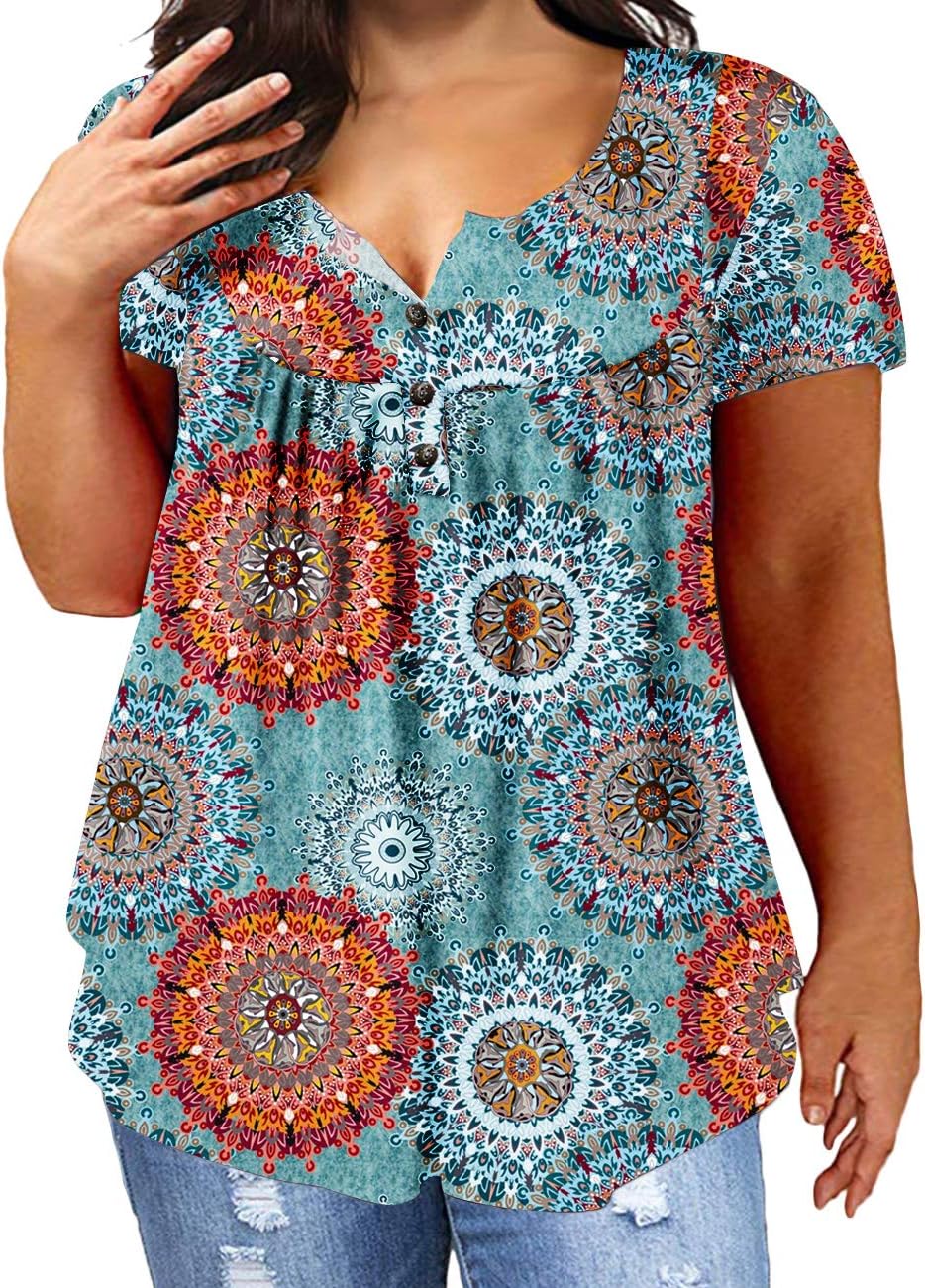VISLILYWomen's Plus Size Henley Shirts Flowy Summer Tops Pleated Buttons Up Tunics