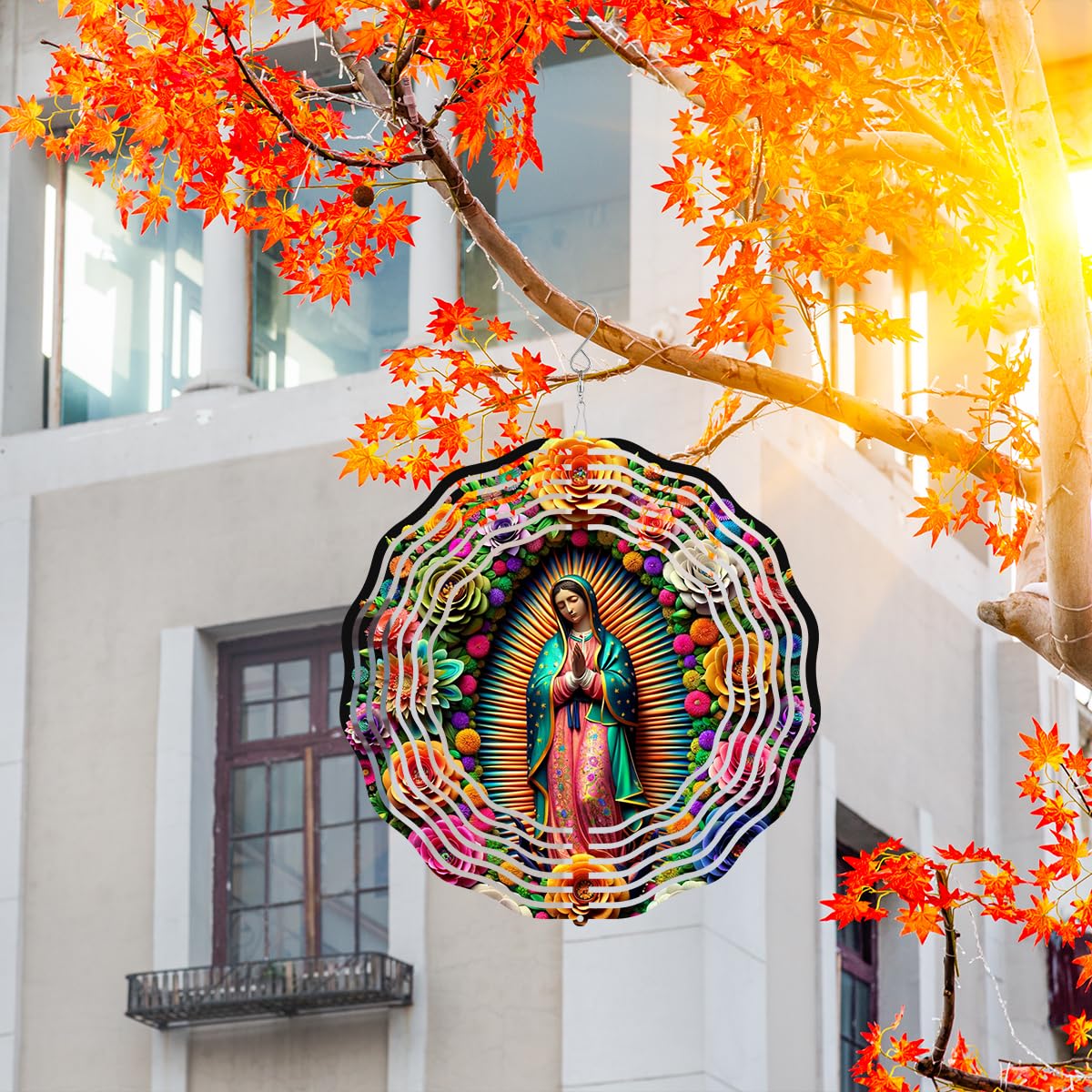 Virgin Mary - Molinillo de viento de metal para exteriores/interiores, decoración de jardín colgante de Virgen María para exteriores, molinillos de viento de acero inoxidable para patio y jardín, 10