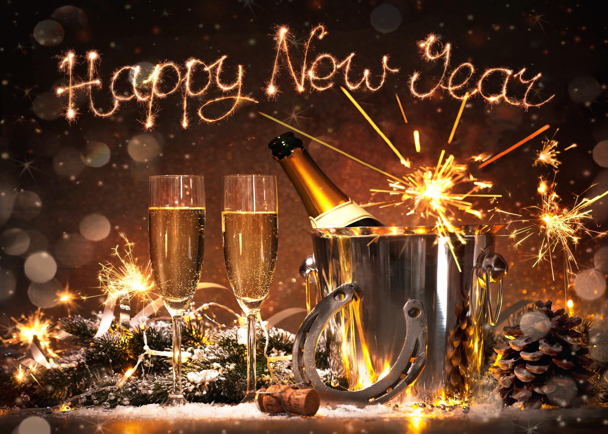 BELECO 12x8ft Fabric Happy New Year Backdrop 2026 New Years Eve Backdrops Party Decorations Banner Lucky Horseshoe Champagne Fireworks Bokeh Christmas