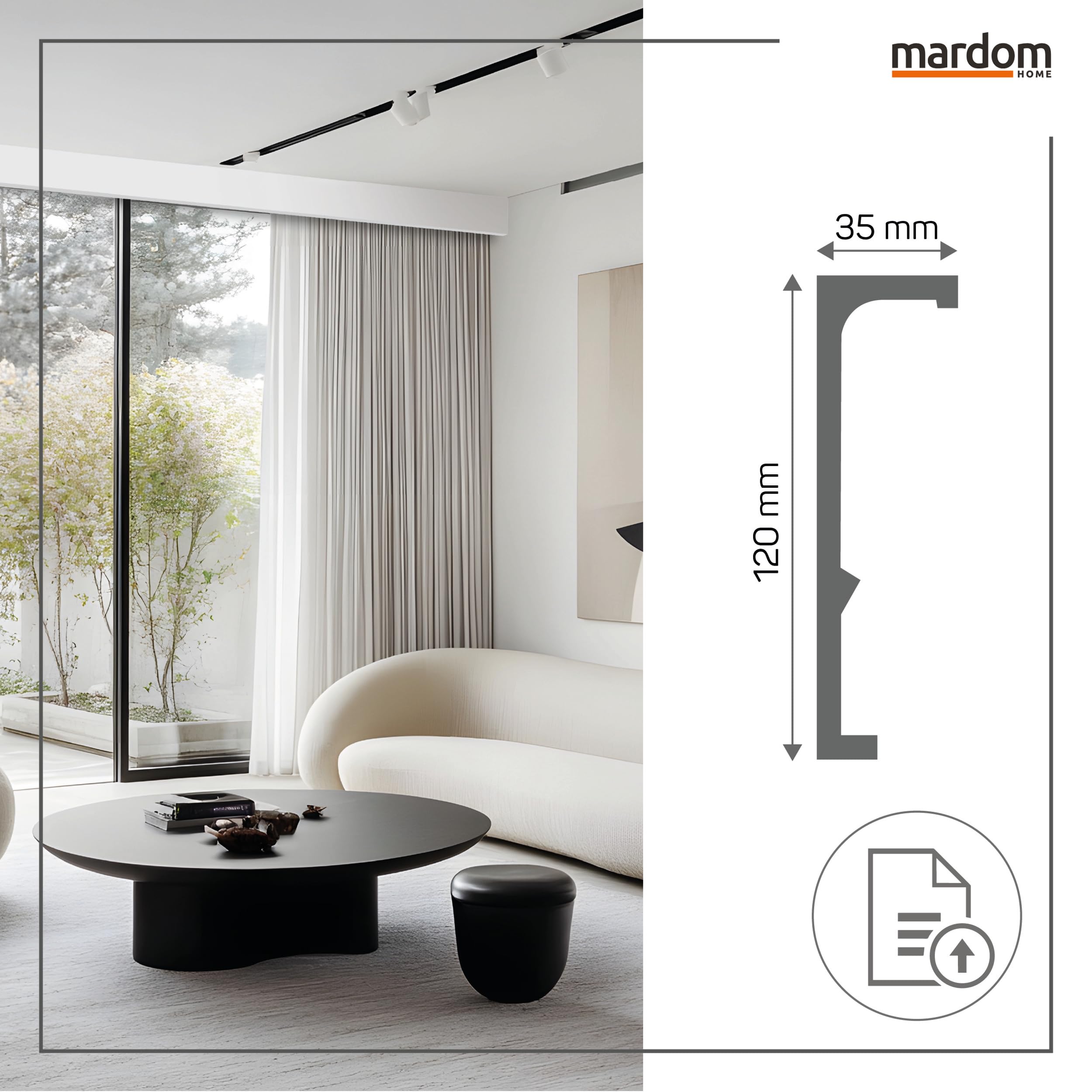 Mardom Moldura para techo, moldura para el techo de 200 cm de largo – 12 cm de alto – Cubierta blanca para barras de cortina – aspecto moderno compatible con LED – Moldura decorativa de techo en