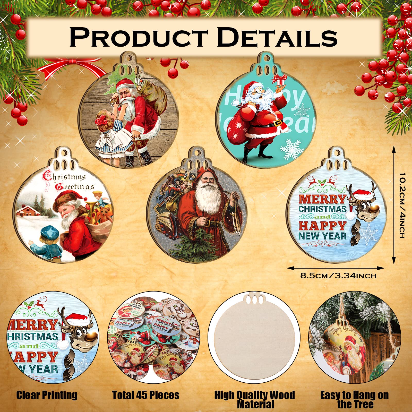 Buy 45 Pcs Christmas Wood Ornaments Vintage Christmas Decoration