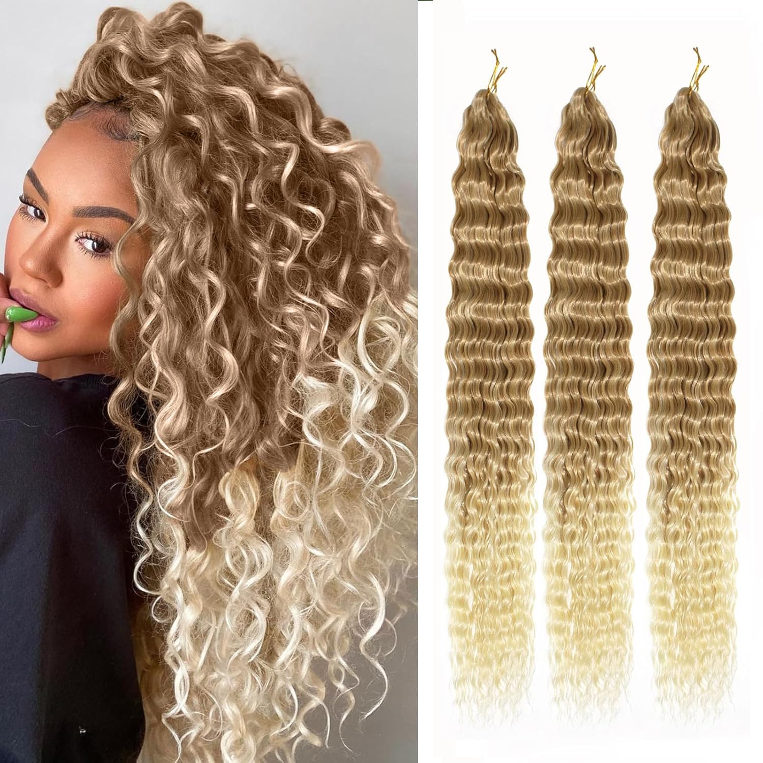 Ocean Wave Crochet Hair 22 inch Deep Wave Crochet Hair 3 Packs boho hair for braiding Hair Extensions curly Braiding Hair for Black Women water wave crochet hair (27/613