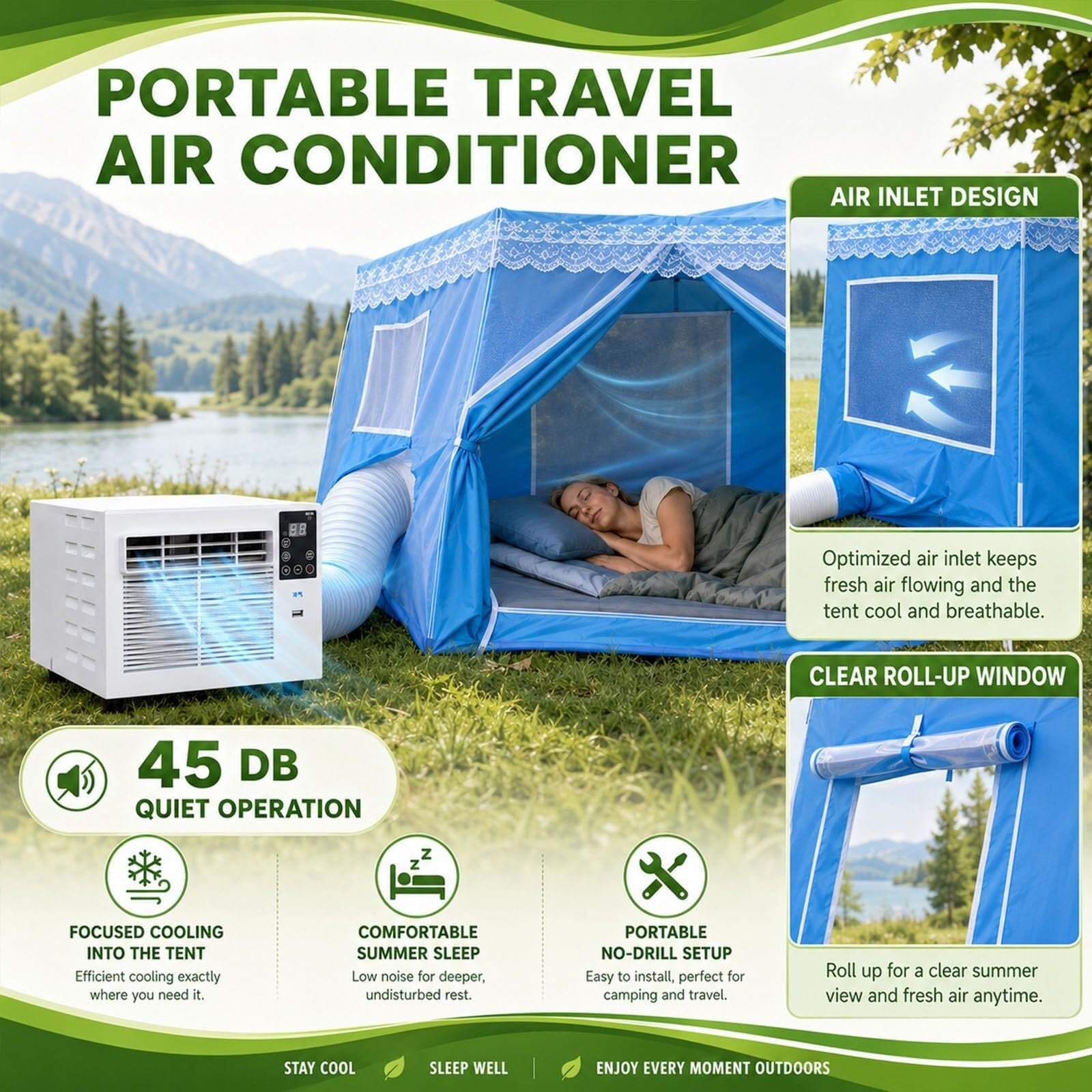 Przenośny klimatyzator 280 W na nocny kemping, mobilny klimatyzator namiotowy i klimatyzator kempingowy, 1876 Btu, pilot AC+1,2 M (AC+1,5 M)