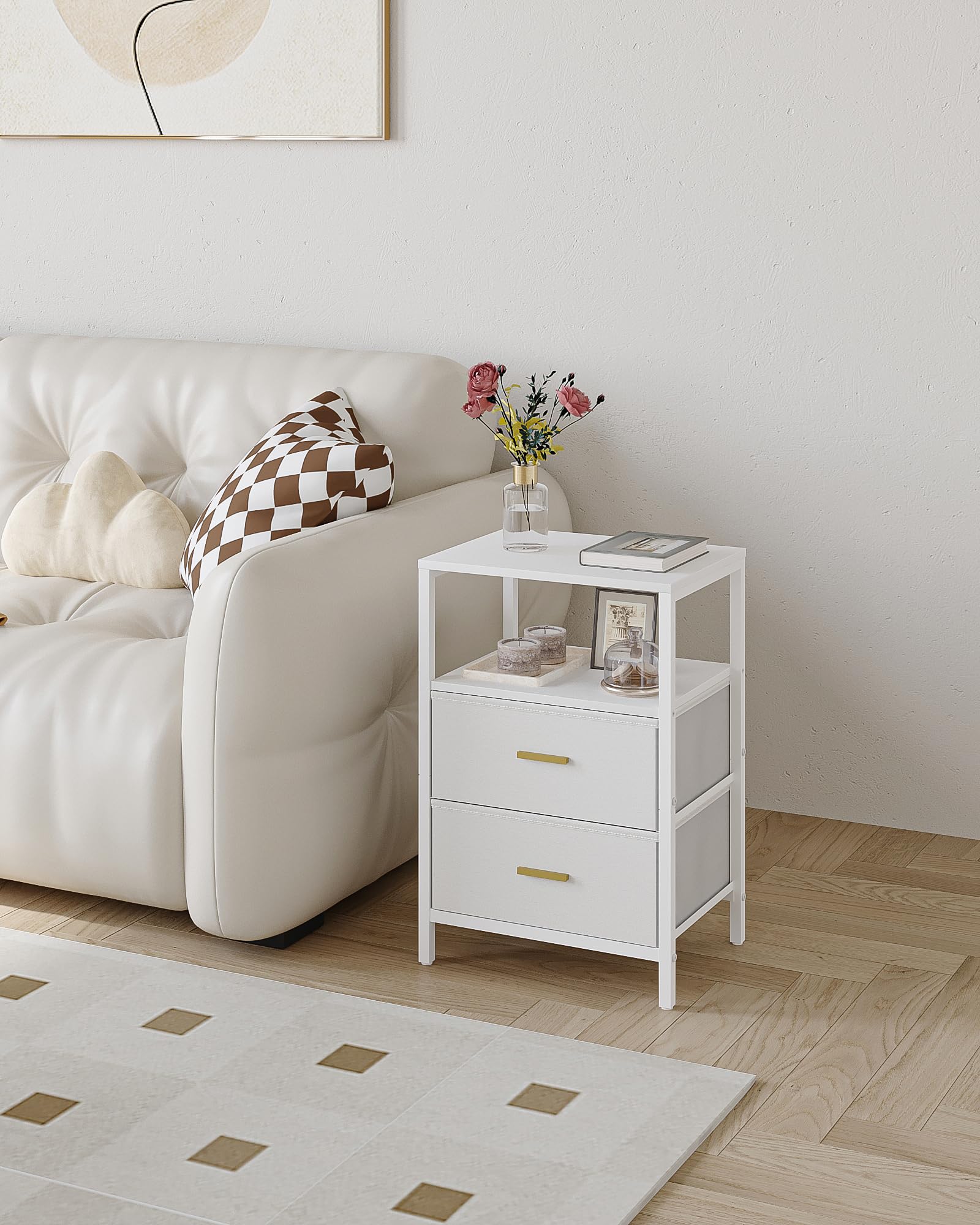 Hzuaneri Comodino set di 2, Tavolino laterale con 2 cassetti pieghevoli in tessuto, Vano a giorno, Tavolino, Comodino camera da letto, per Soggiorno, Camera da letto, Bianco NS30713W