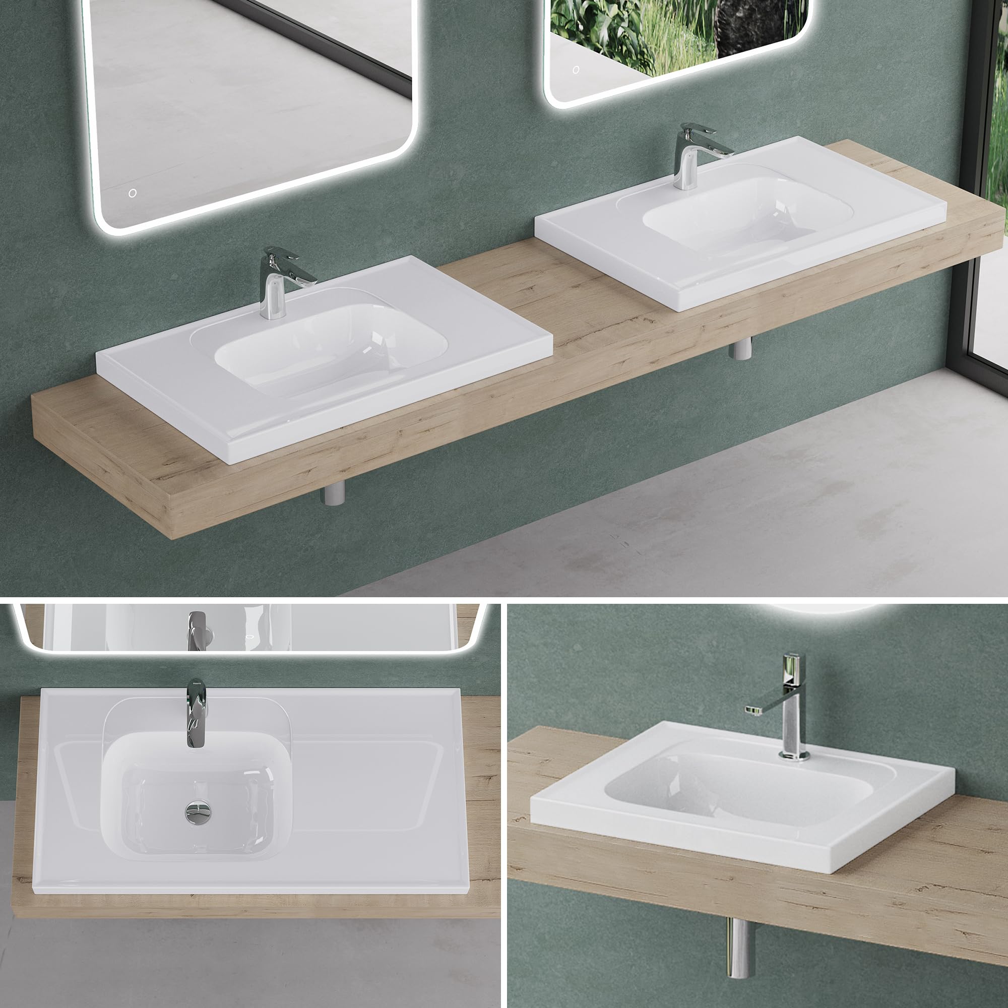 Mai & Mai Lavabo Encastrado Rectangular de Baño, Mármol Fundido, Blanco Brillante, 80x50x16,5 cm, con Orificio para Grifo y Desagüe DIN – Colossum3601