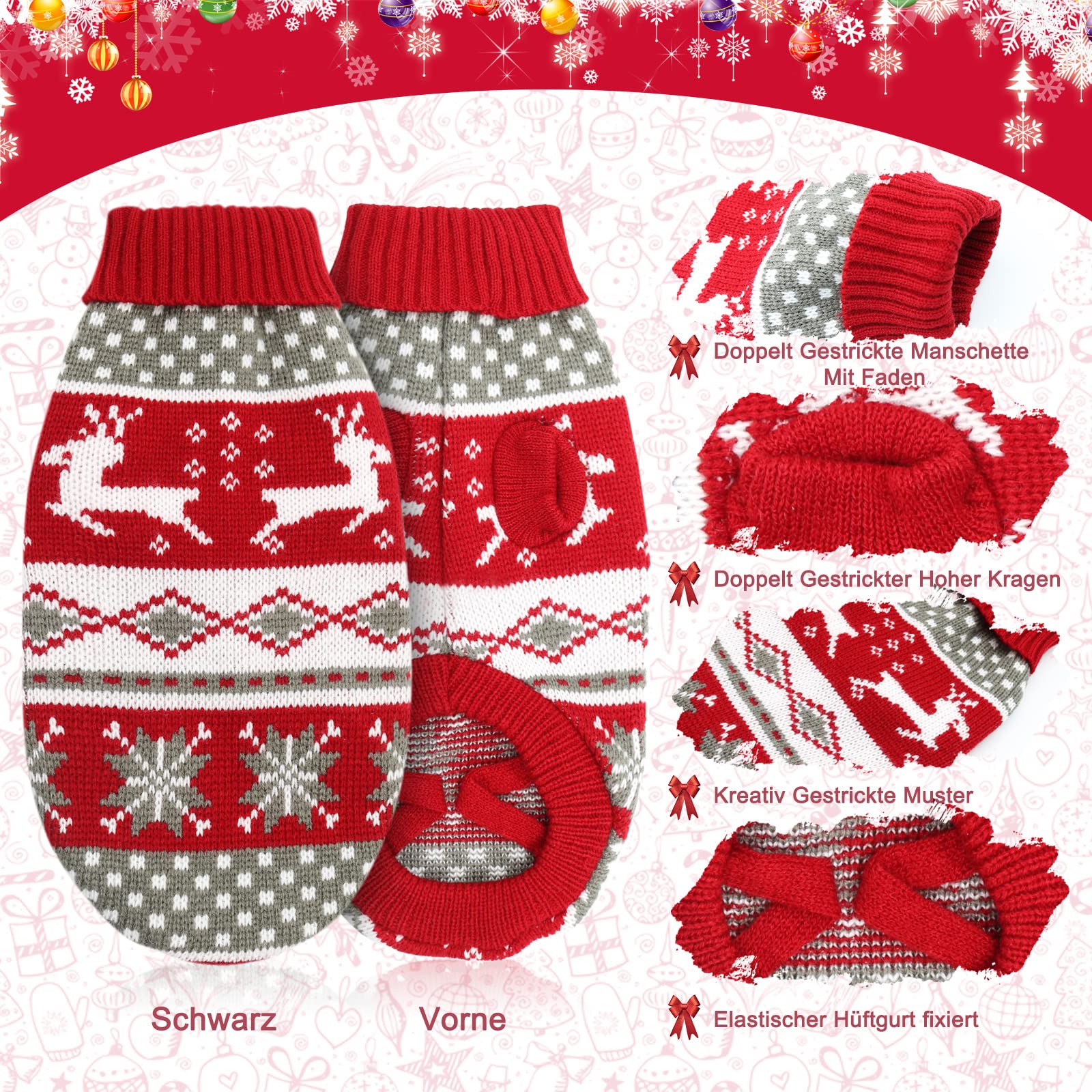 Weihnachtspullover Für Hunde XL – Rot, Mit Schneeflocken & Elch-Muster, Aus Acryl, Für 5,4-7,3 Kg Hunde