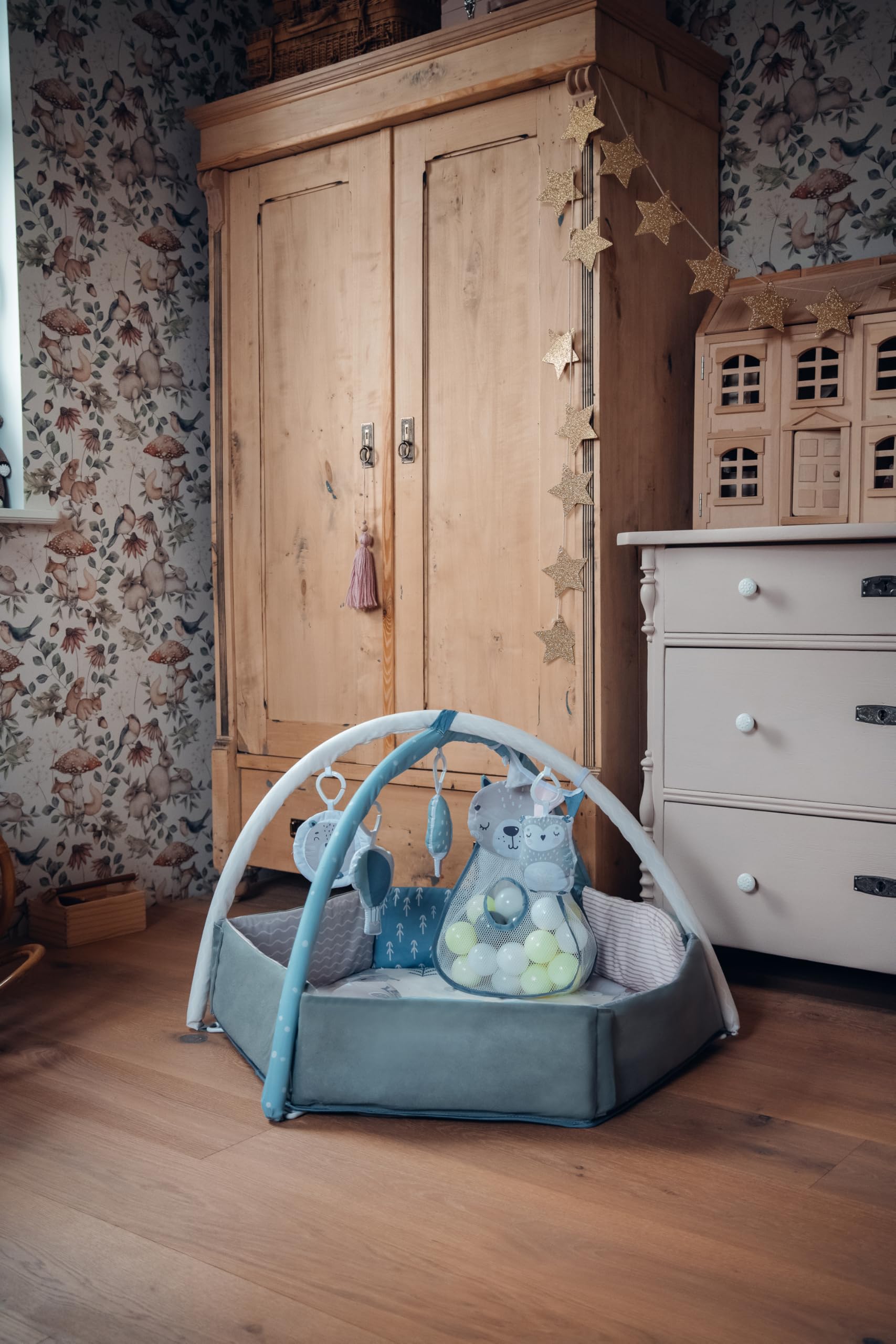 Arche de jeu MoMi PASTEL avec tapis rampant 3 en 1 pour bébé dès la naissance, tapis d'activité sensorielle avec 2 arches, bain de balles, 5 jouets, 20 balles avec sac