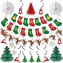 AMLOOPH Paper Christmas Decorations Set, Reusable Sock-shaped Merry Christmas Banner & Bunting with Retro Traditional Hanging Xmas Ceiling Decorations Indoor for Home Wall Office Xmas Party Decor
