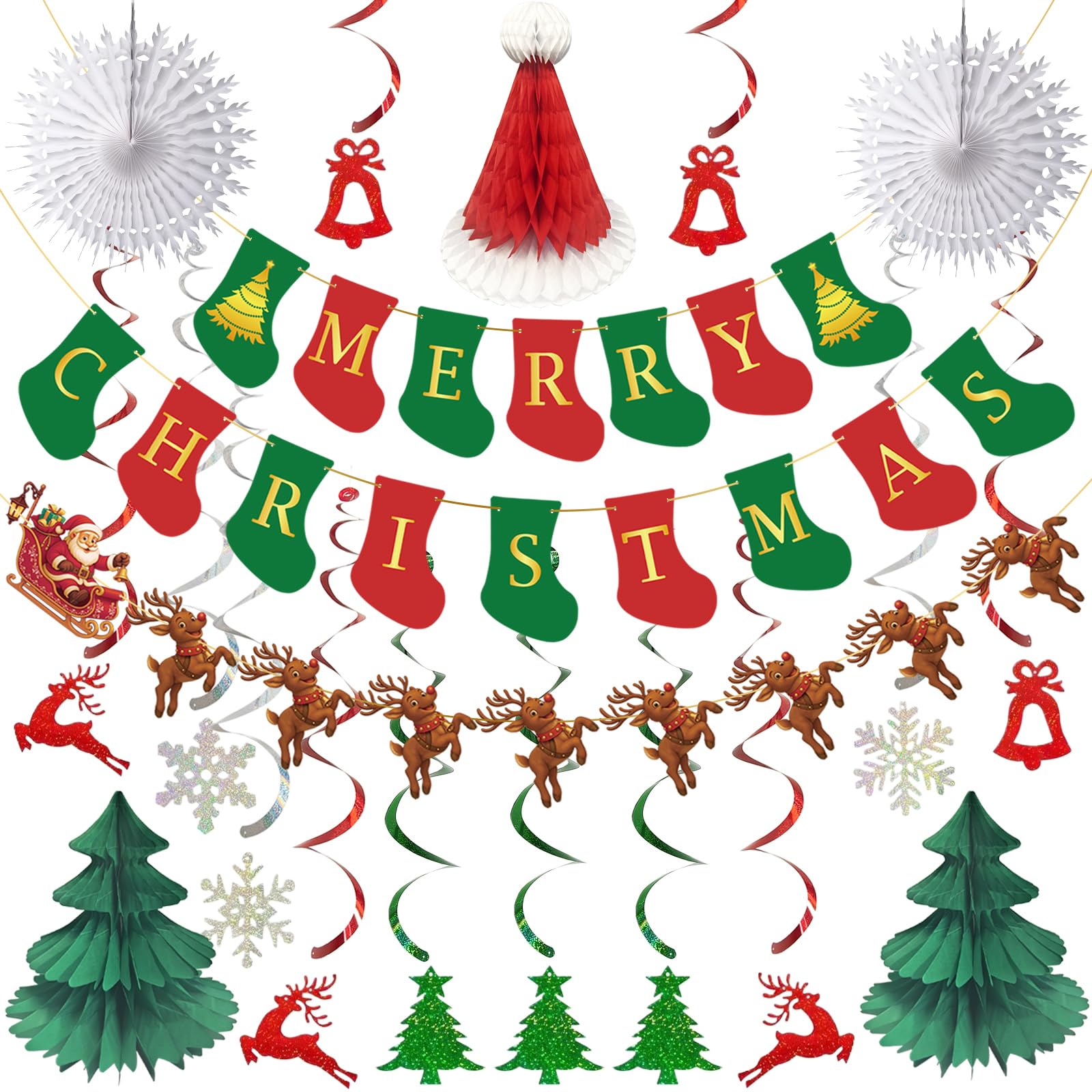 AMLOOPH Paper Christmas Decorations Set, Merry Christmas Banner & Bunting