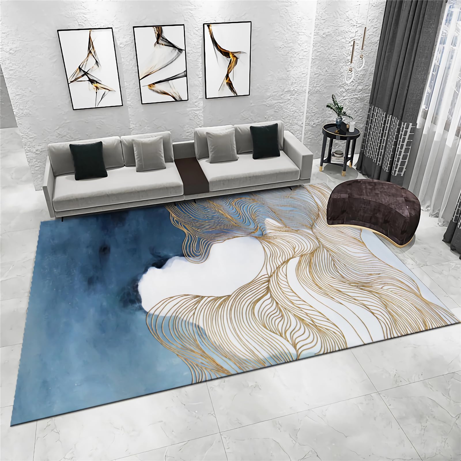 Tapis de salon bleu et jaune à lignes géométriques abstraites 120x160cm pour chambre d'enfant