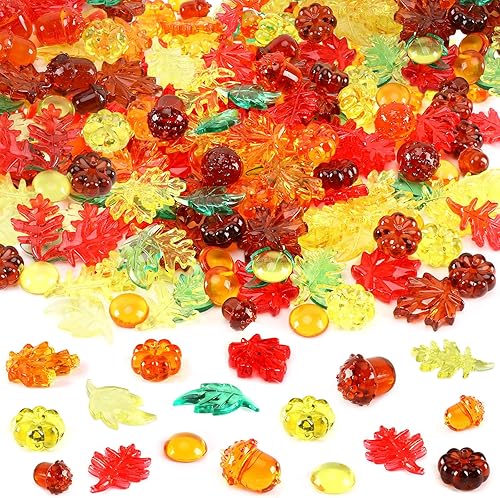 Relleno de jarrón de hojas acrílicas de otoño, 190 piezas de hojas de otoño, canicas de calabaza, gemas, relleno sensorial de florero disperso para