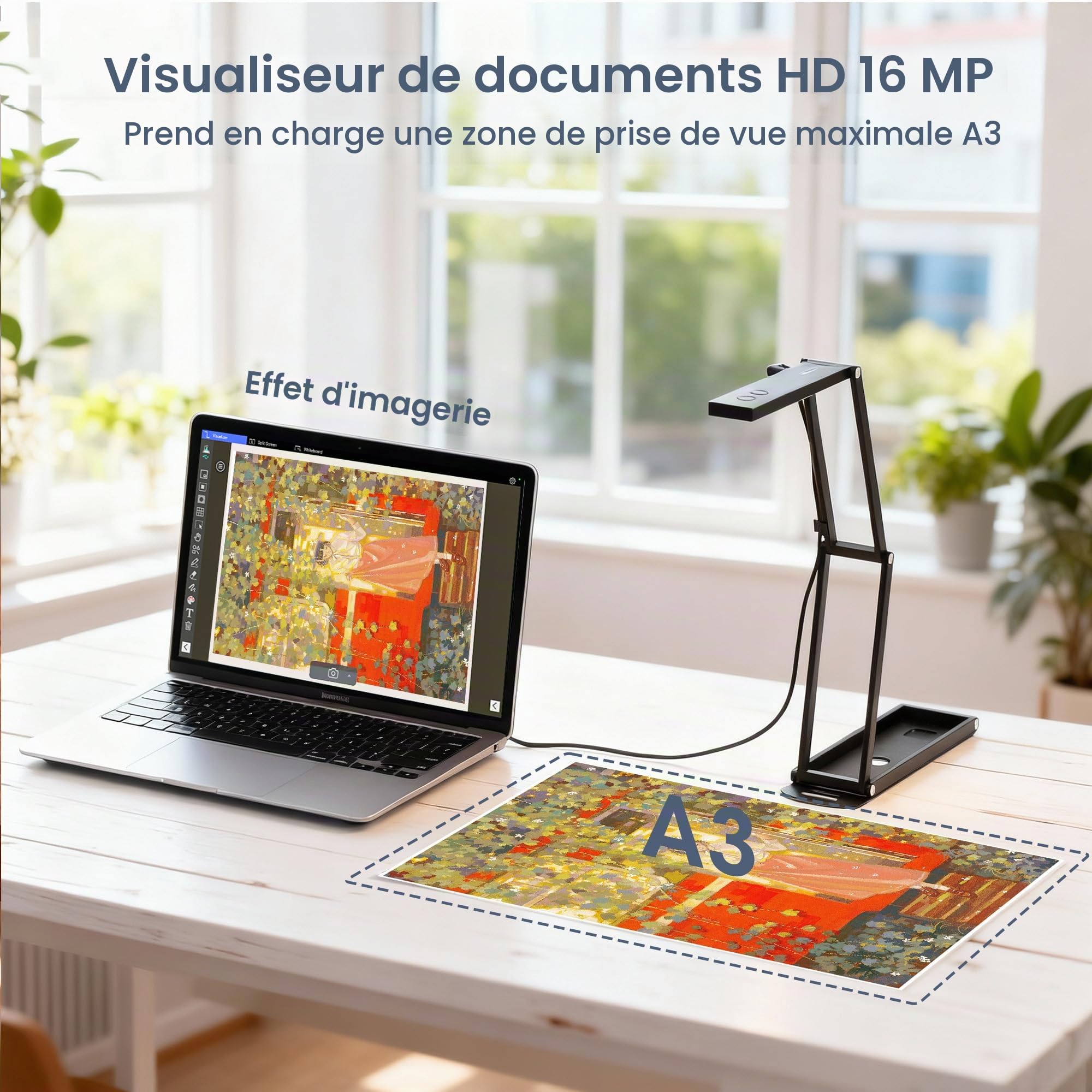 Visualiseur de Documents USB Webcam: 16MP HD Caméra A3 Zoom Numérique Lumière LED Ajustable Mode OCR & 4K Vidéo Compatible Windows/macOS pour Enseignement/Bureau/Conférence/Télétravail