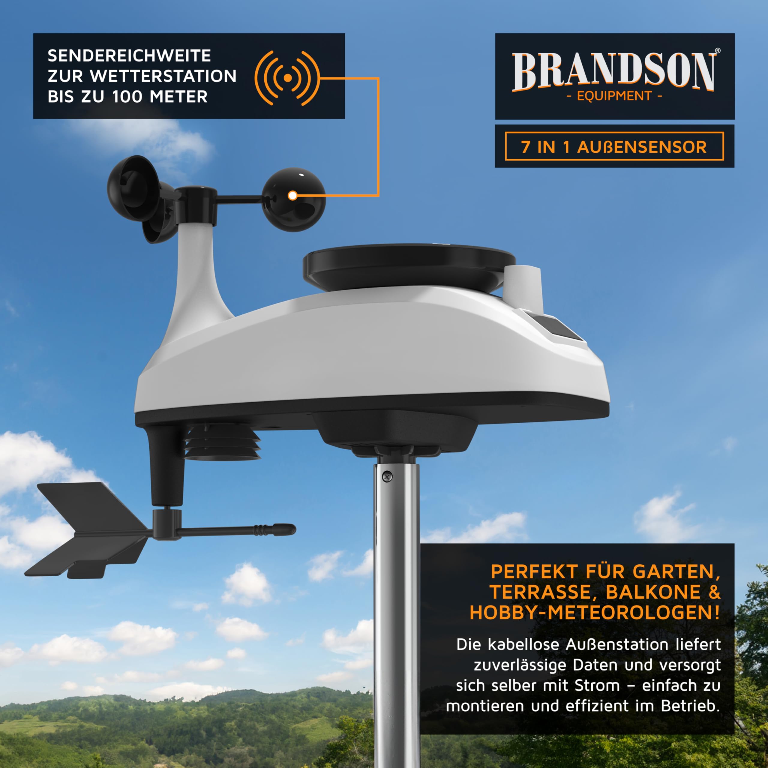 Brandson - WLAN Wetterstation mit 7in1 Funk Außensensor – WiFi App Steuerung – Temperatur Luftfeuchtigkeit Luftdruck – Windmesser Regenmesser