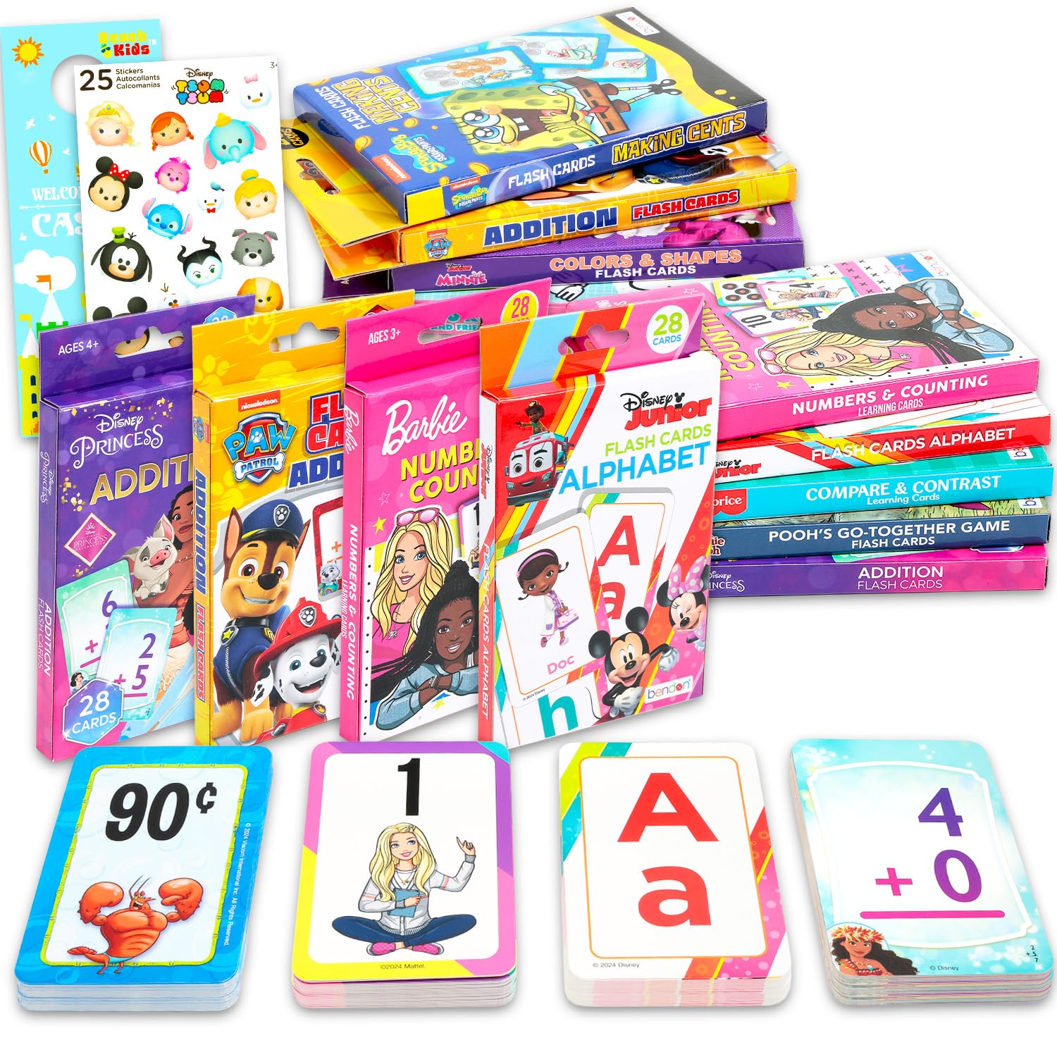 Cartes flash sous licence en vrac pour tout-petits – 9 paquets de cartes flash d'apprentissage avec Hello Kitty, Paw Patrol, Bob l'éponge, Disney Princess, plus | Apprentissage préscolaire à la