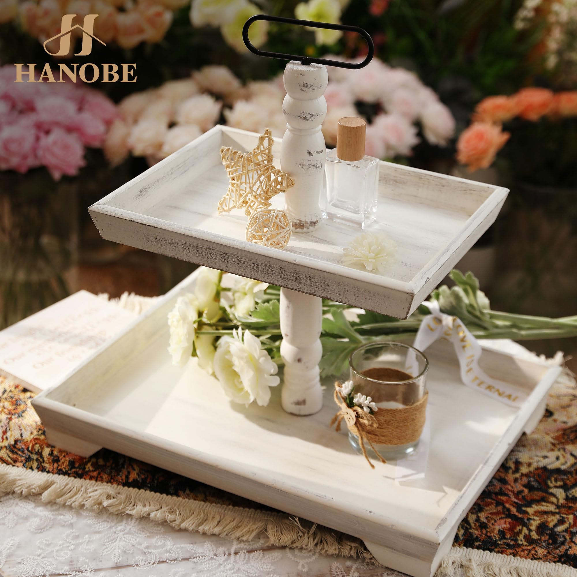 Hanobe Decorative Wooden Tiered Tray: Rustic Whitewashed Wood 2 Tier Stand Farmhouse Tray Decor Two Rectangle for Kitchen Counter Centerpieces Coffee Bar Easter Spring Valentine's Day - Image 2