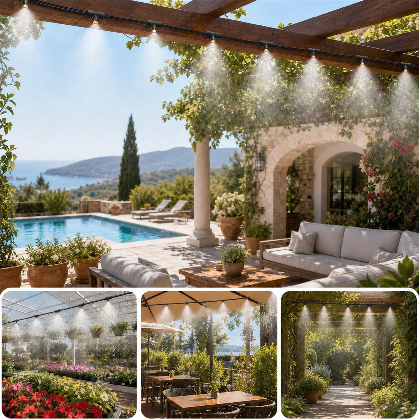 Kit Brumisateur Terrasse,Brumisateur Terrasse Exterieur,Brumisateur pergola,Kit De Tuyau Brumisateur par Brume,Refroidissement,Élimination poussières,pour Fleurs,Pelouse,Jardin,Balcon