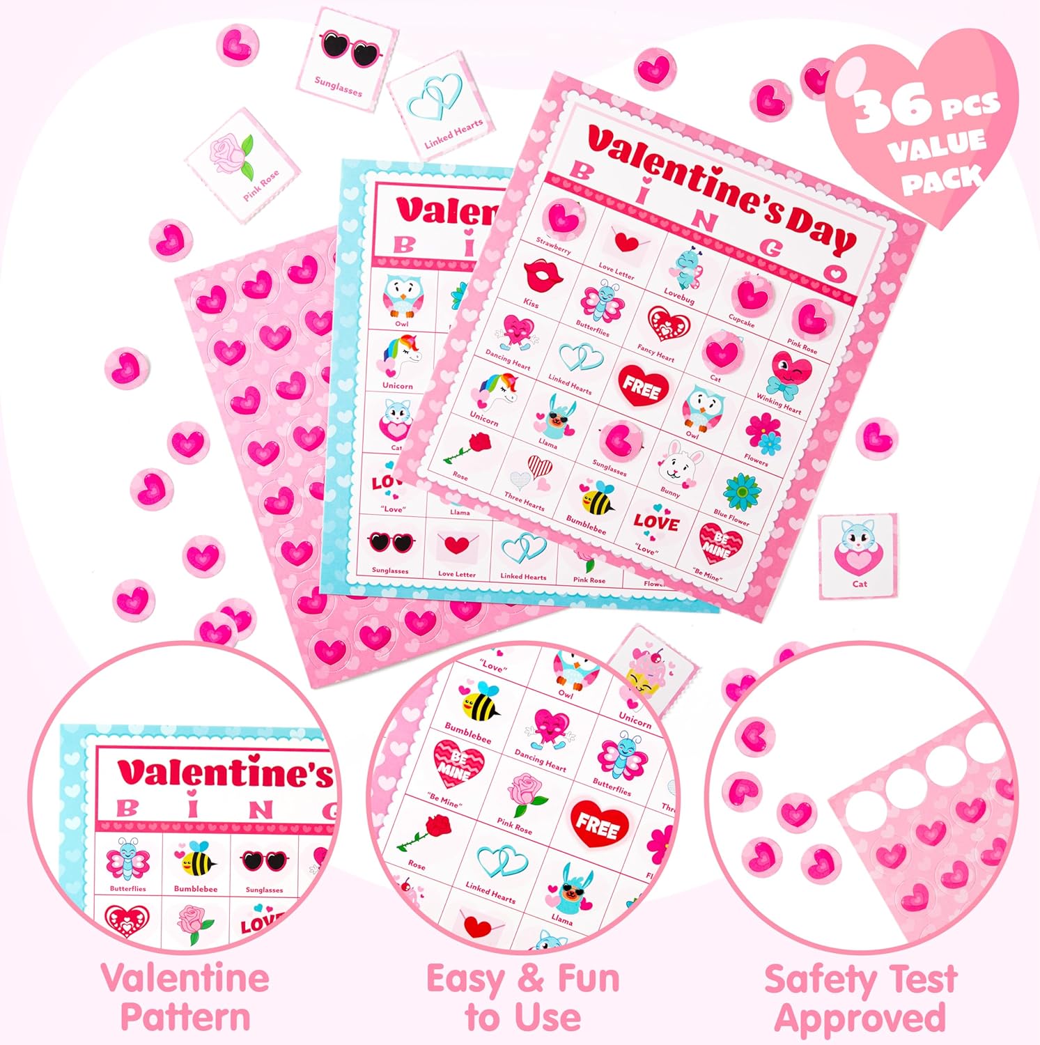 JOYIN 36 Players Valentines Day Bingo Cards (5x5) for Kids School Classroom Exchange Gift Rewards, Party Games, Indoor Family Activities
