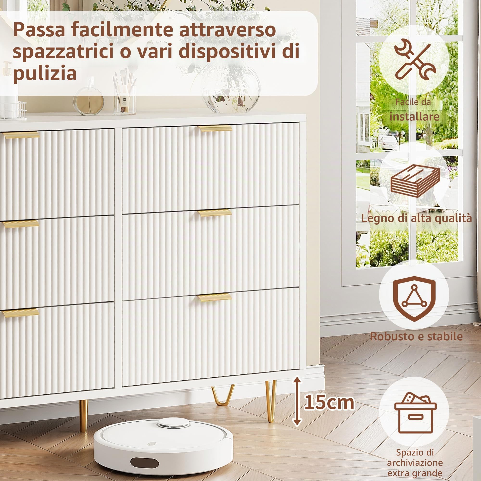 Comò con cassetti, credenza moderna con gambe e maniglie dorate, armadietto con vano portaoggetti, comò per soggiorno, corridoio, bianco, 100 x 34 x 73 cm