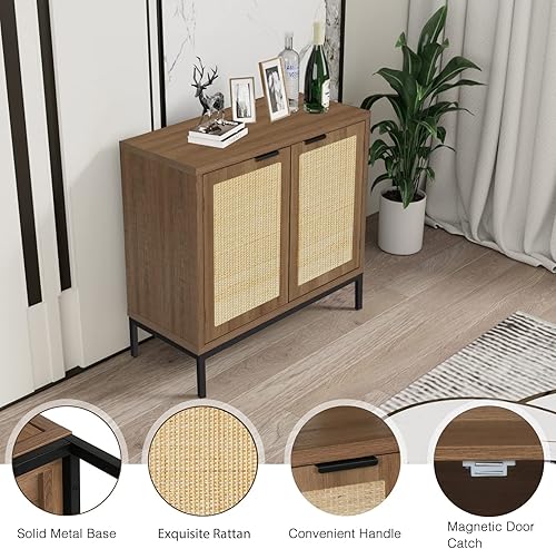 Miniatura 8 de Anmytek Armario de almacenamiento rústico de roble con 2 puertas de ratán, aparador de madera natural de mediados de siglo con almacenamiento para